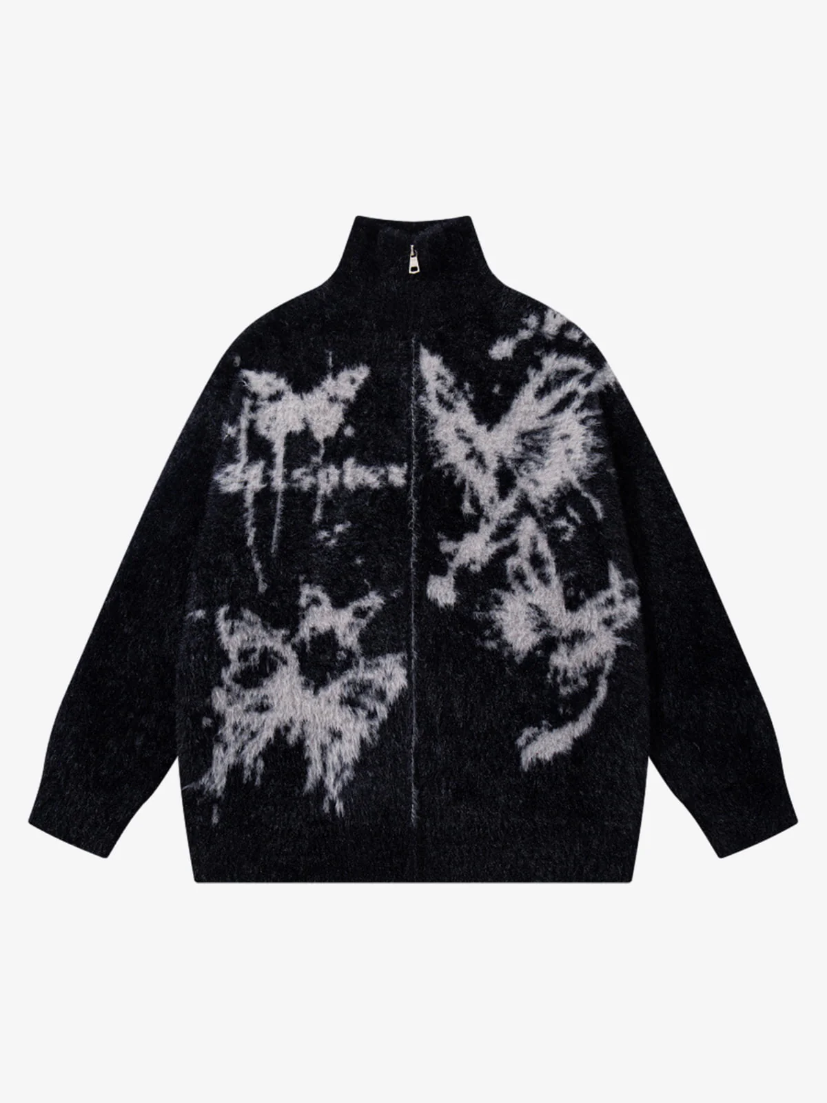 Ink Butterfly Jacquard High-Neck Zip Cardigan Sweater