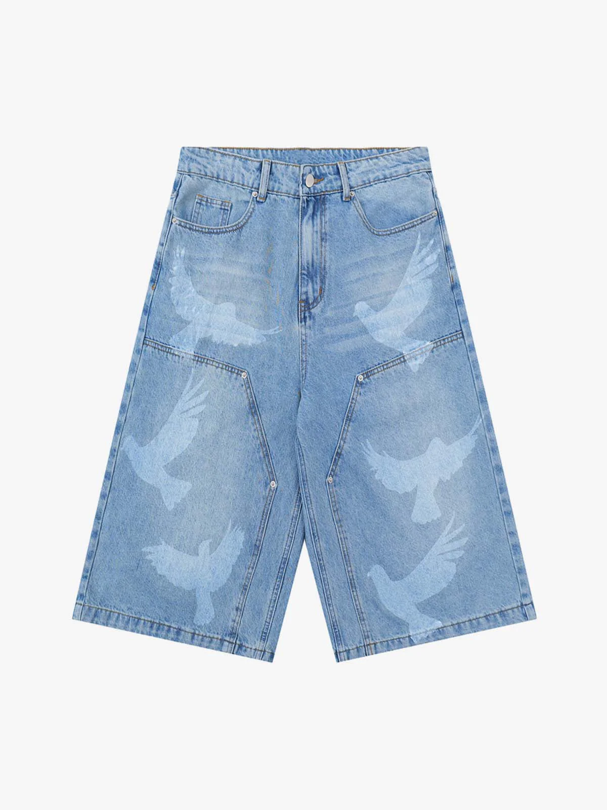 Distressed Dove-Print Denim Jort