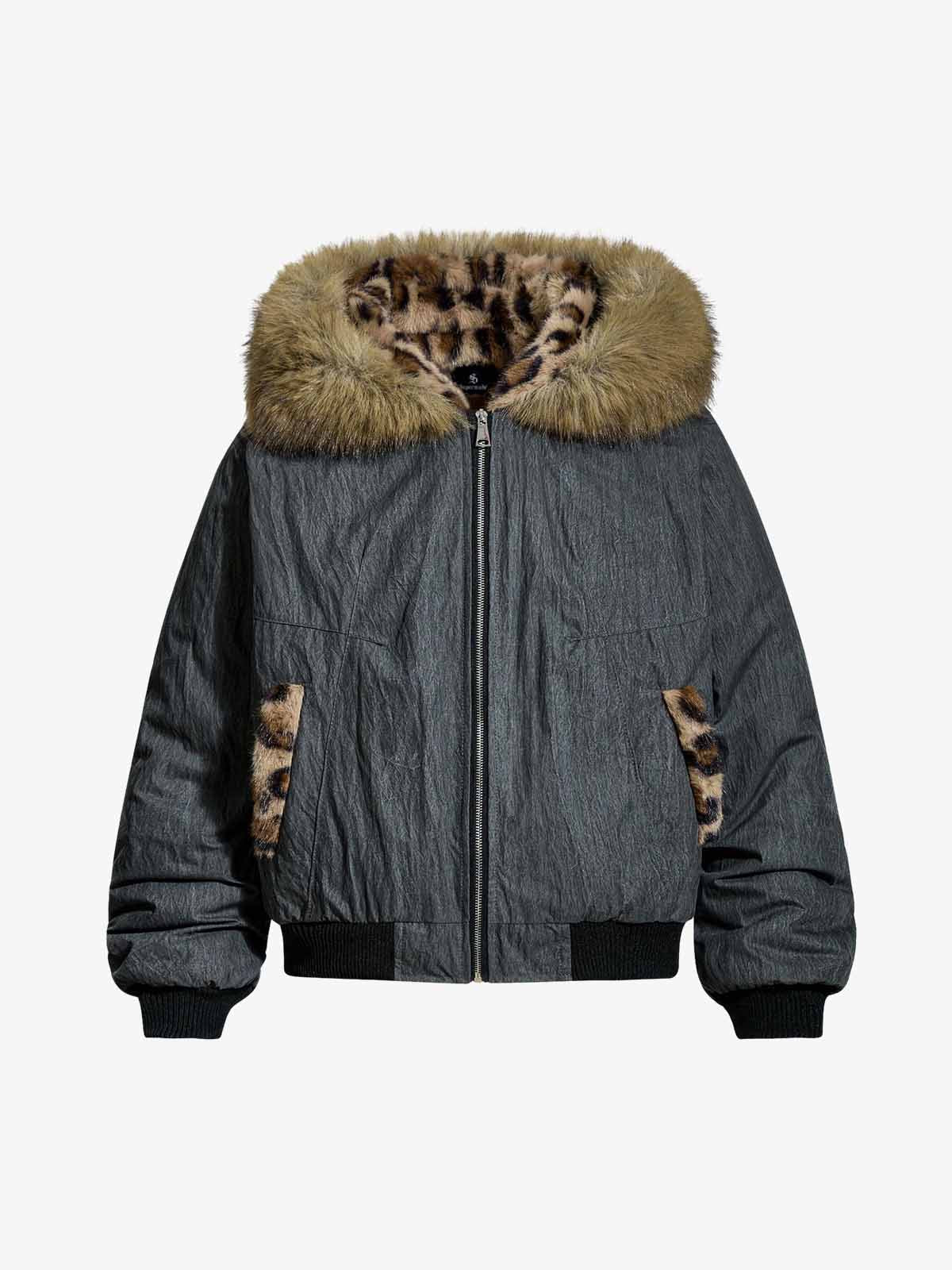Vintage Detachable Faux Fur Collar Leopard Fleece Bomber Jacket