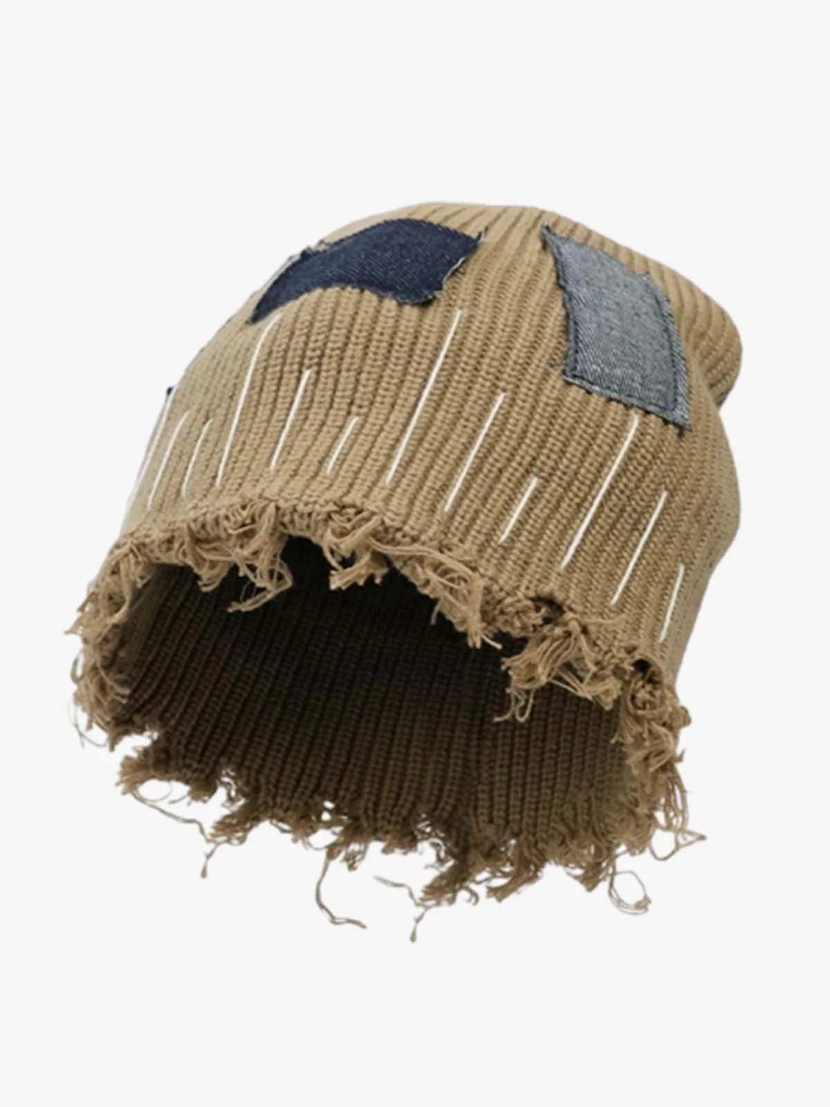 Distressed Denim Patchwork Beanie