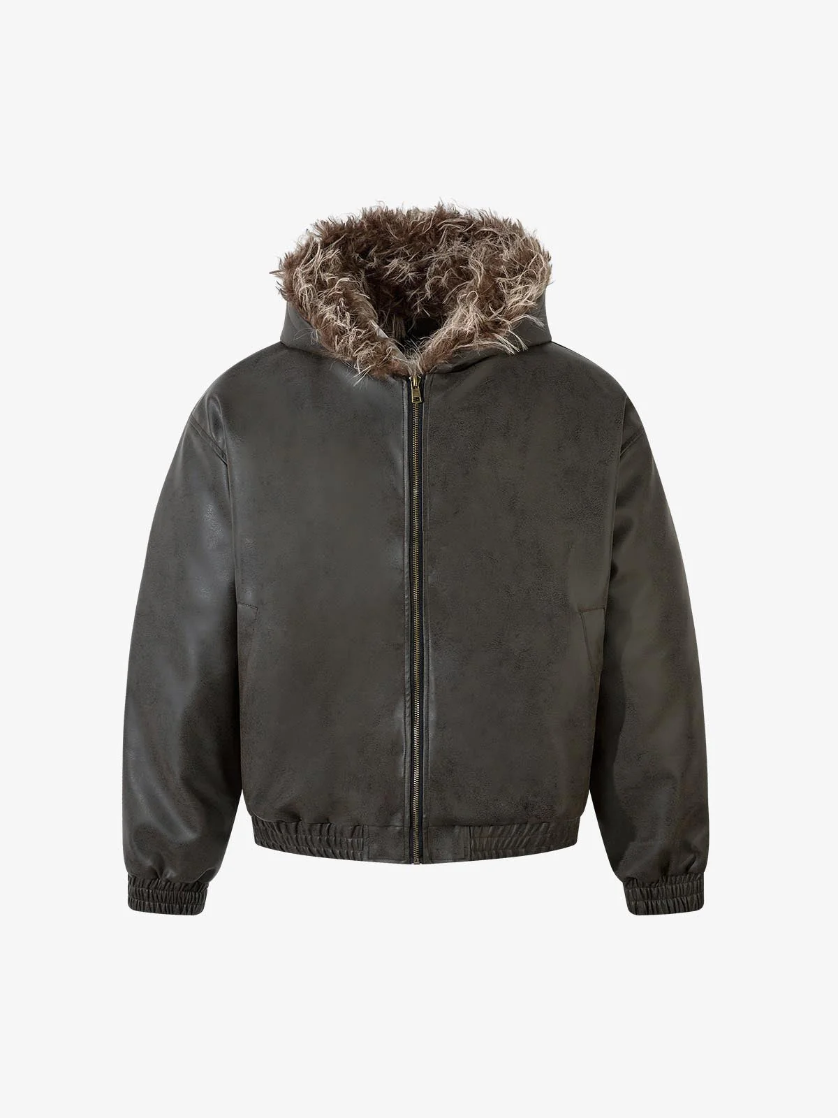 Vintage Faux Fur Hood Lined PU Zip Up Bomber Jacket