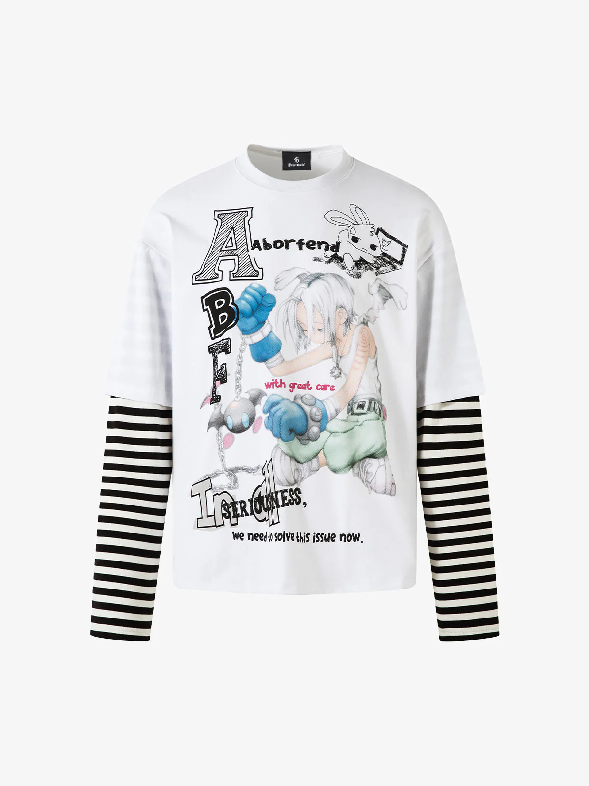 Cartoon Print Striped Sleeve Faux Two-Piece Long-Sleeve T-Shirt