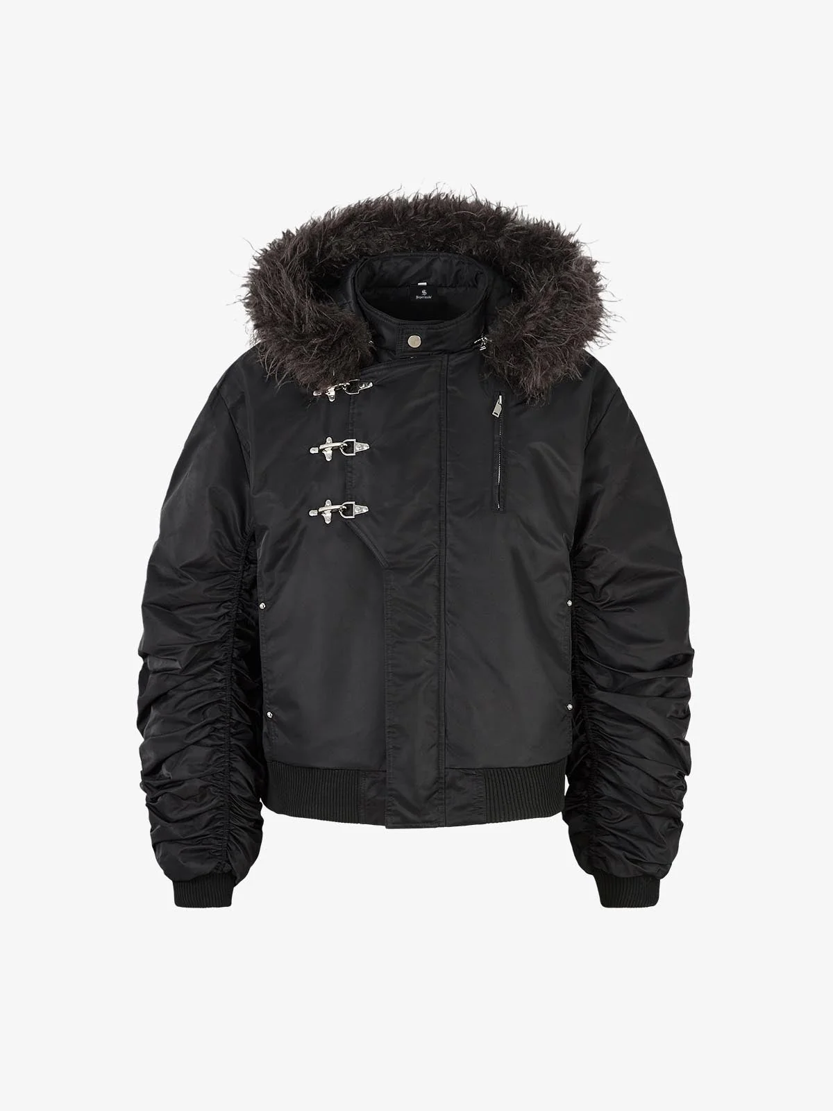 Detachable Faux Fur Collar Ruched Sleeve Bomber Jacket