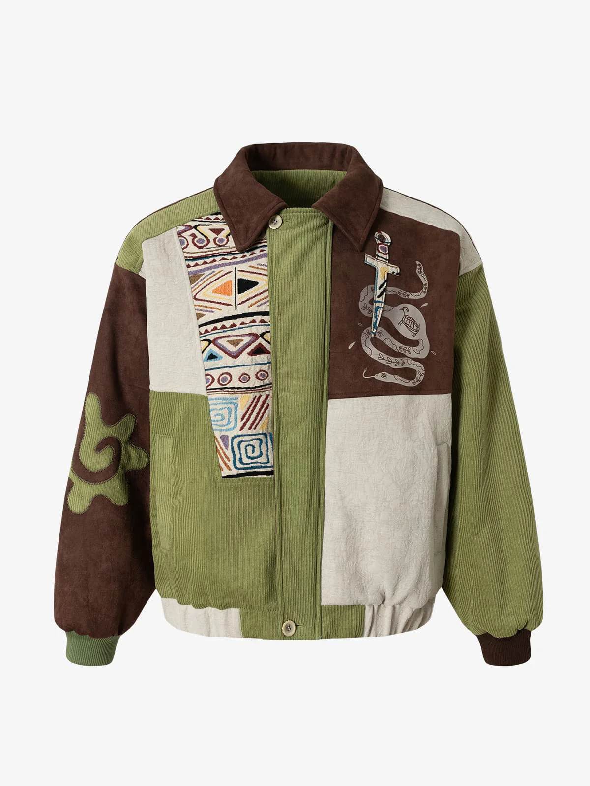 Vintage Jacquard Patchwork Corduroy Lapel Padded Cotton Jacket