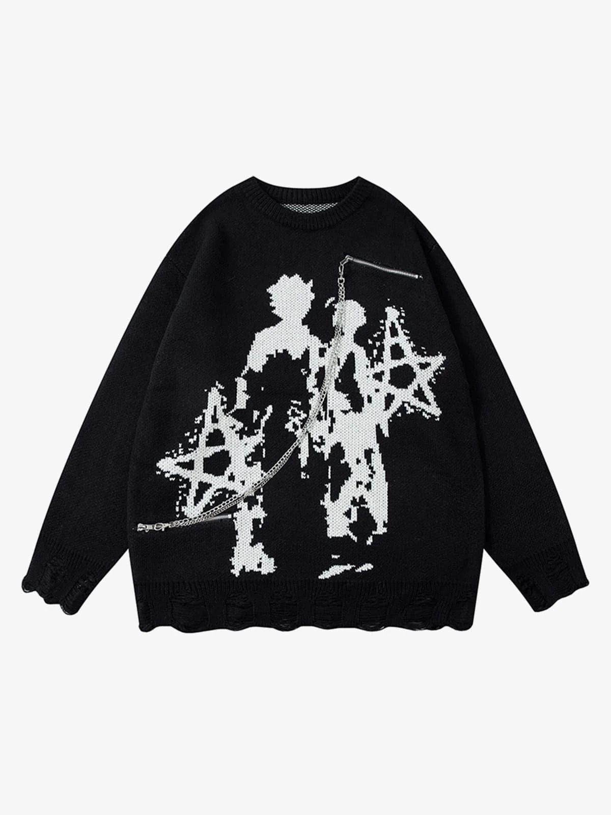 Retro Shadow Figure Chain Zip Distressed Knit Sweater