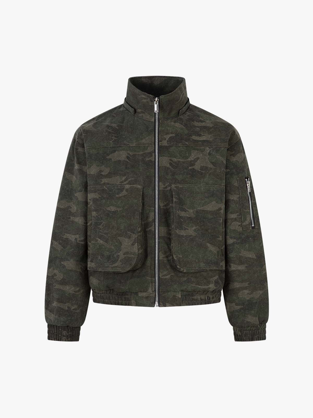 Retro Camo Faux Fur Trim Detachable Hooded Jacket