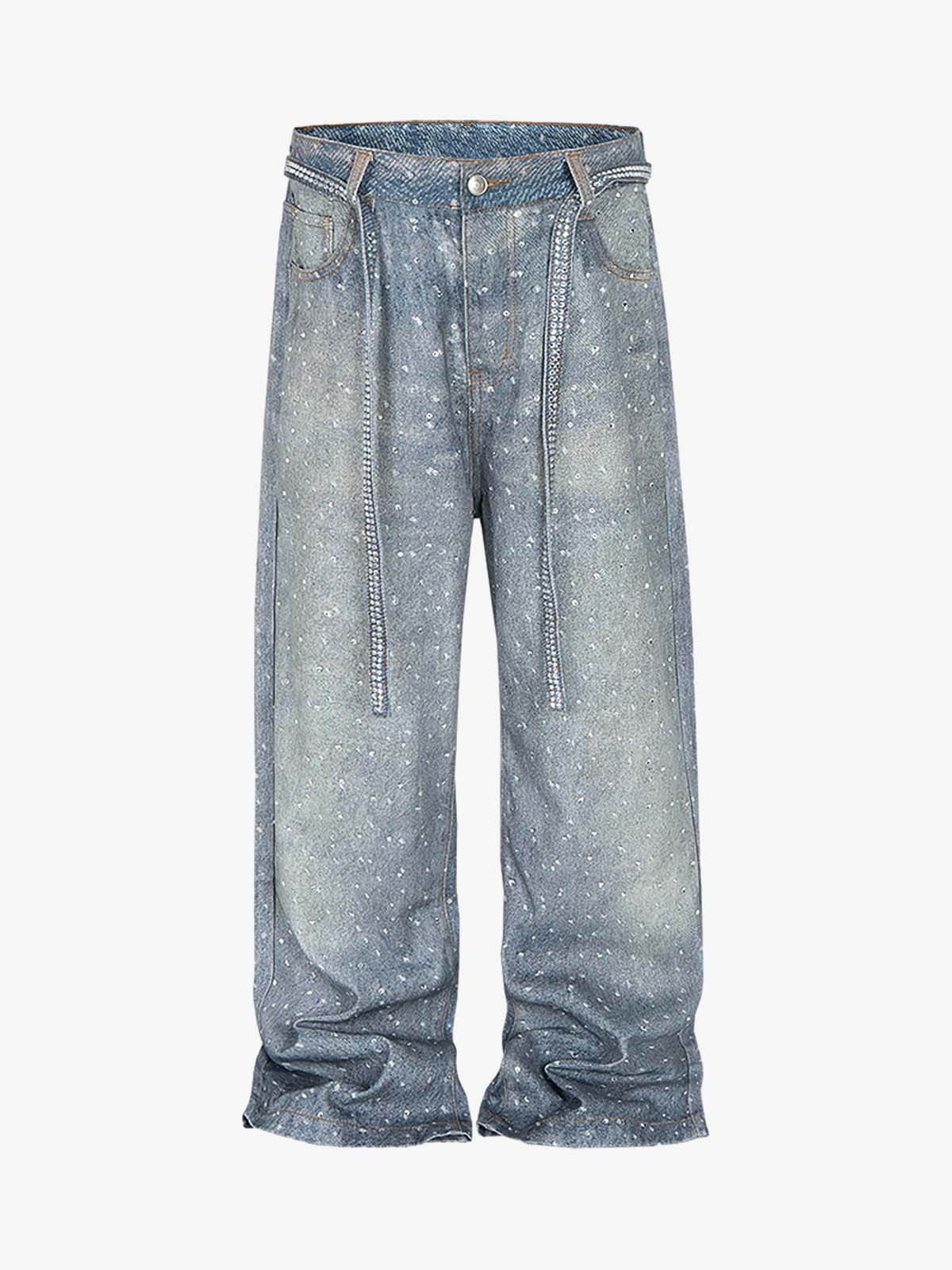 Denim Distressed Belt Diamond Decorated Jeans