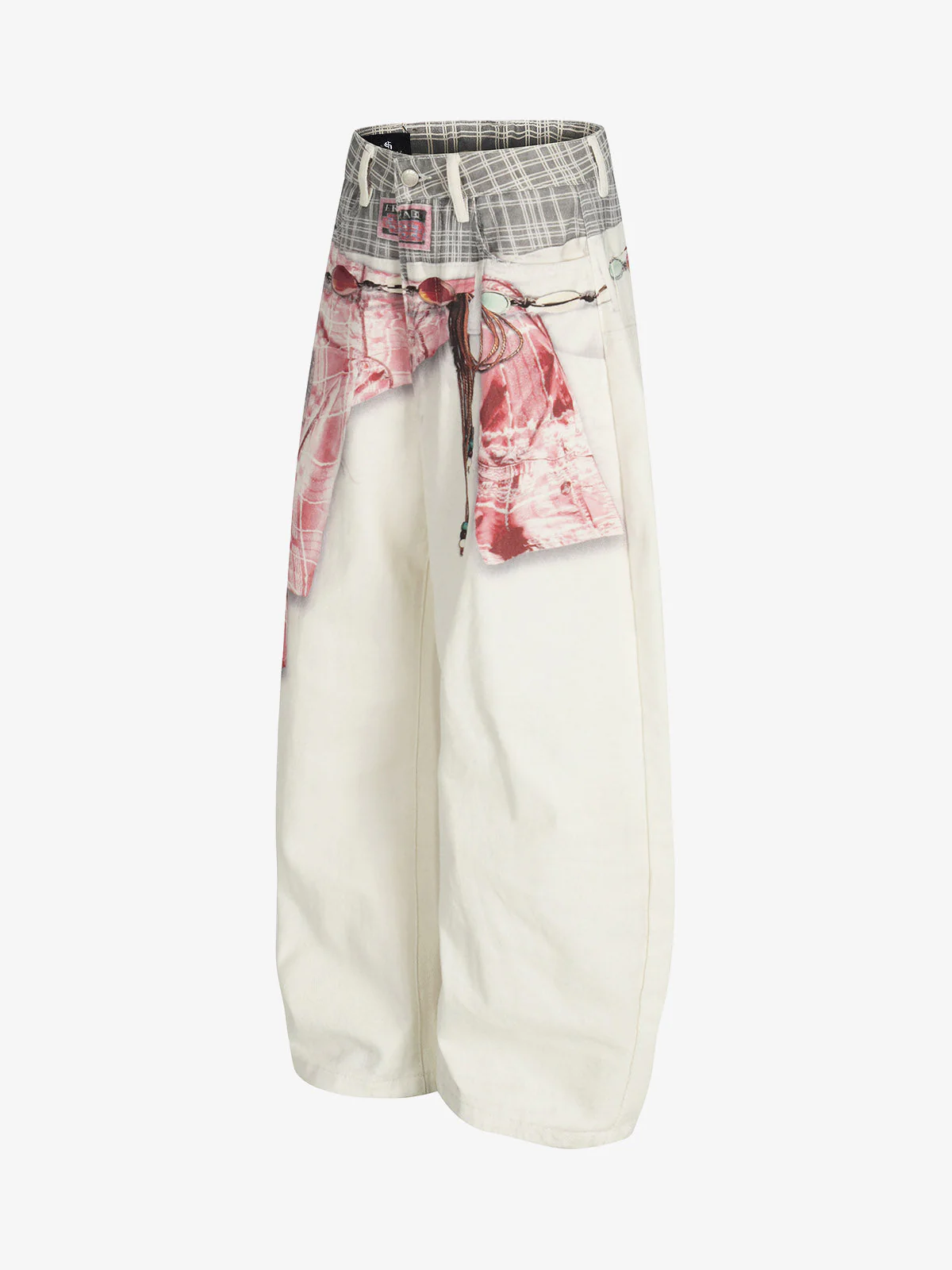 Printed Patchwork Waist Graphic-Drape Barrel Jeans