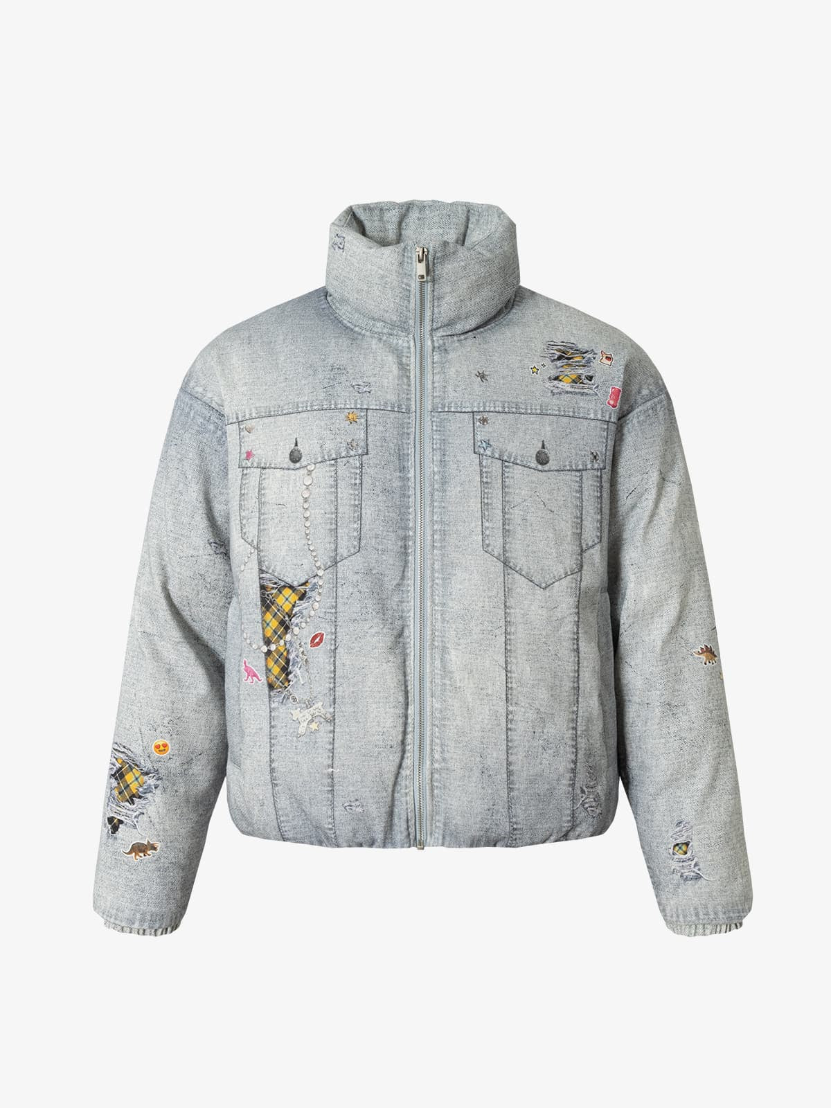 Street Illusion Denim Print Stand Collar Padded Cotton Jacket