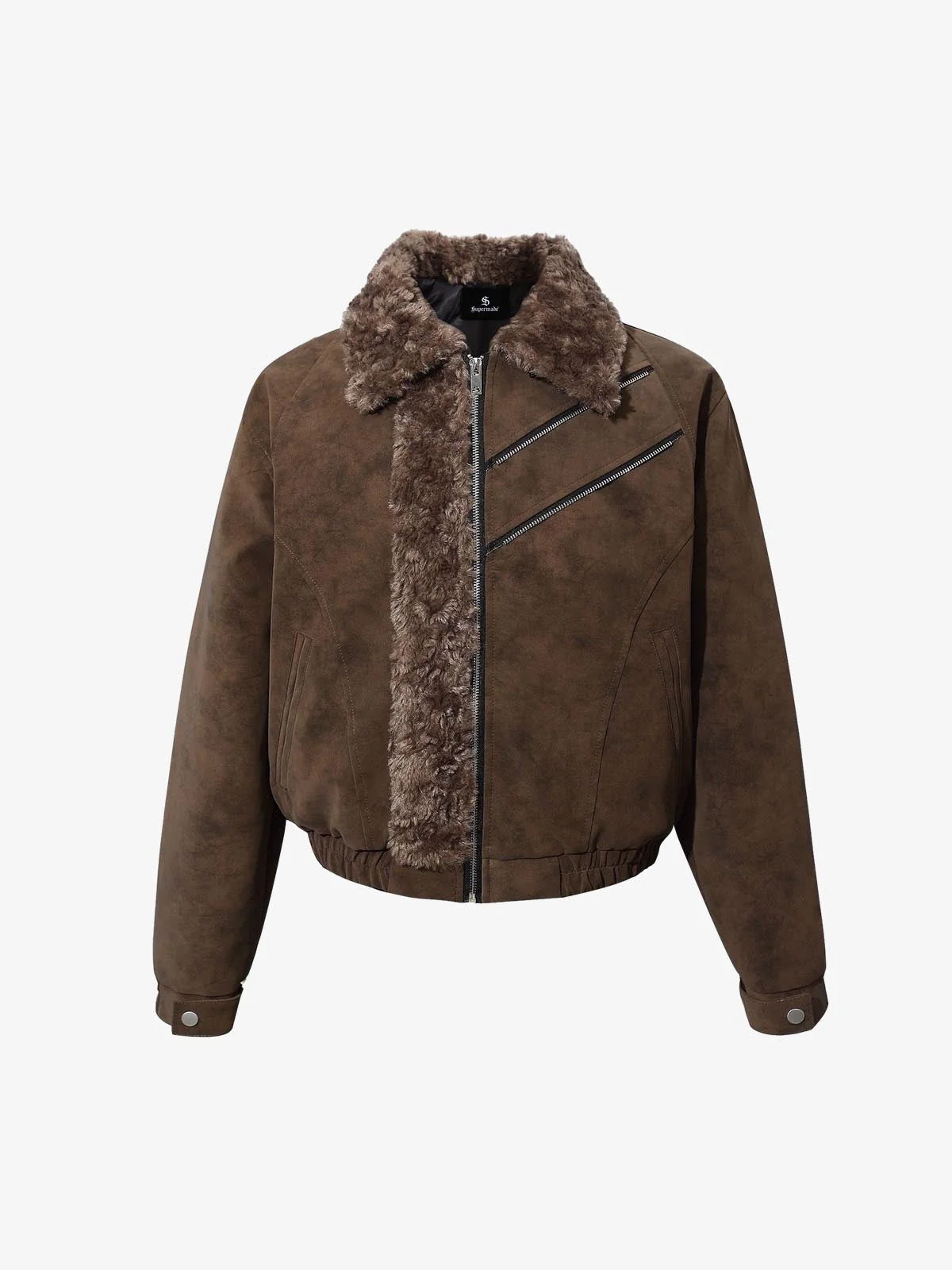 Retro Suede Texture Shearling Collar Fleece Bomber Jacket