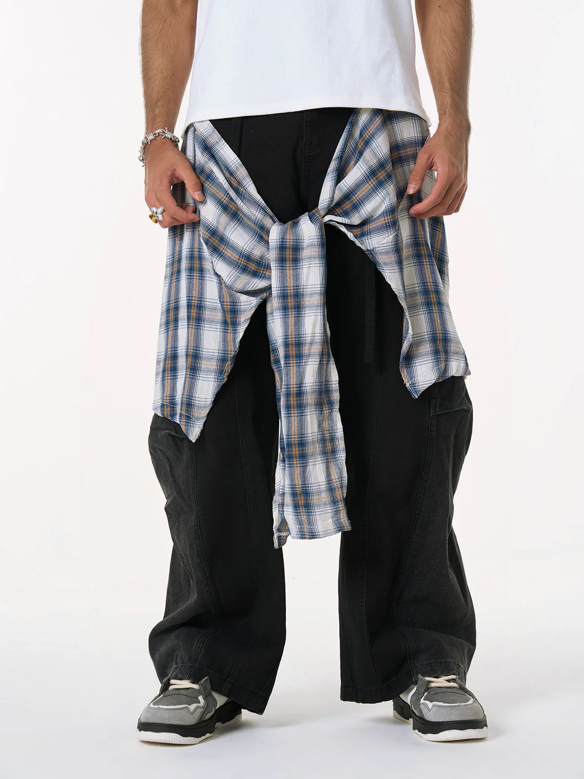 Denim Faux Two-piece Plaid Detachable Scimitar Jeans - 2435