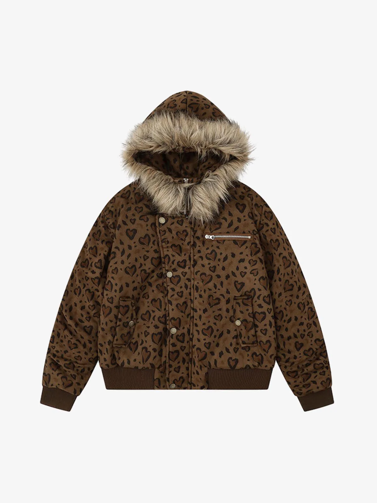 Detachable Fur Collar Heart Leopard Print Bomber Jacket