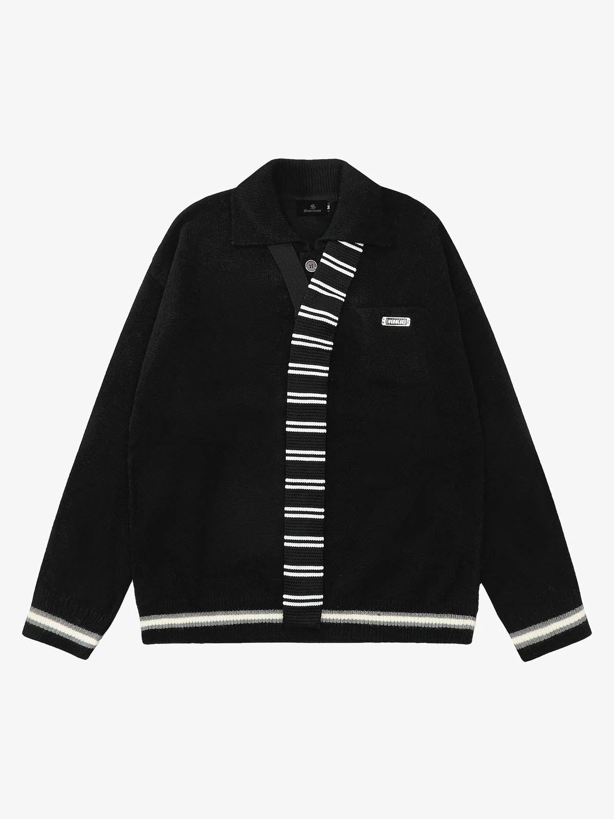 Retro Striped Contrast Panel Button-Up Collar Sweater