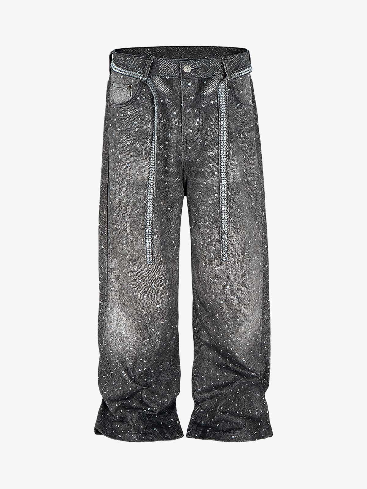 Denim Distressed Belt Diamond Decorated Jeans