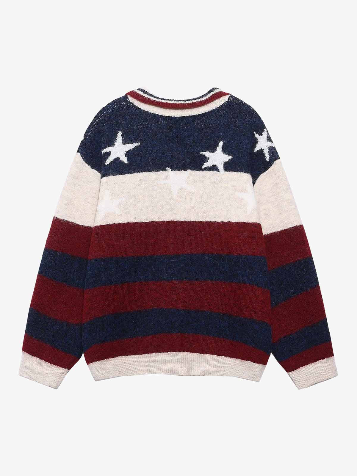 Retro Star Patchwork Striped V-Neck Polo Sweater