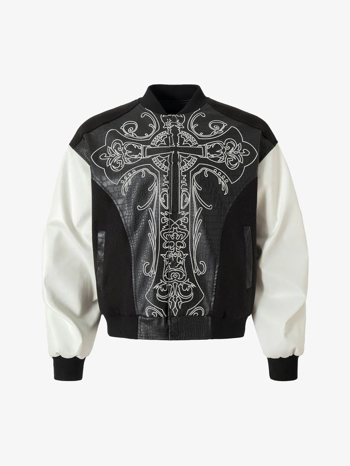 Gothic Cross Embroidery Crocodile Leather Bomber Jacket - 2479