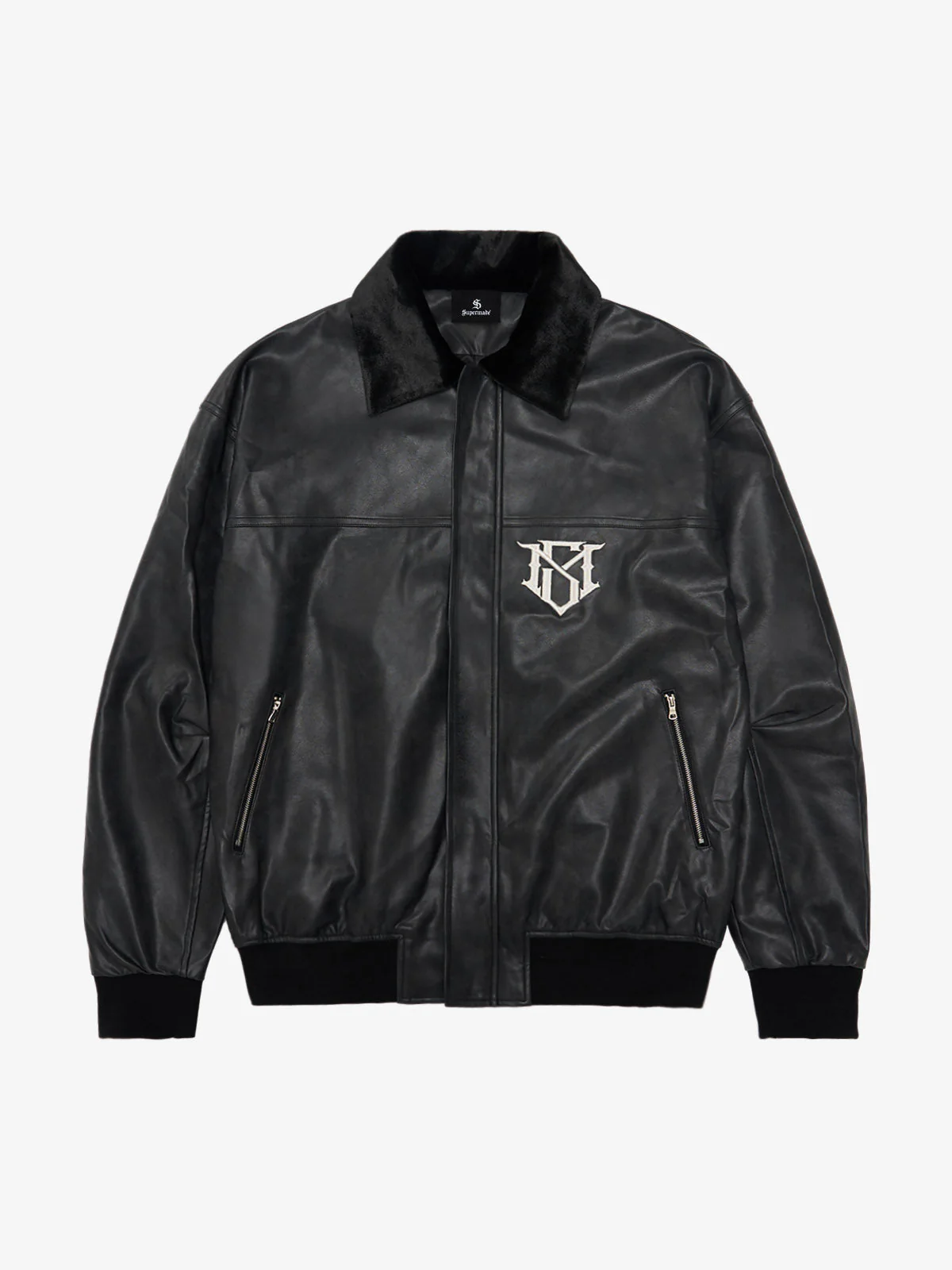 SUPM Fur Collar Rhinestone Pattern Leather Jacket