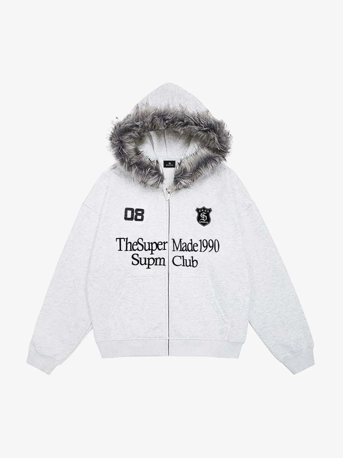 Letter Medal Embroidered Cardigan Fur Collar Hooded Sweatshirt - 2502