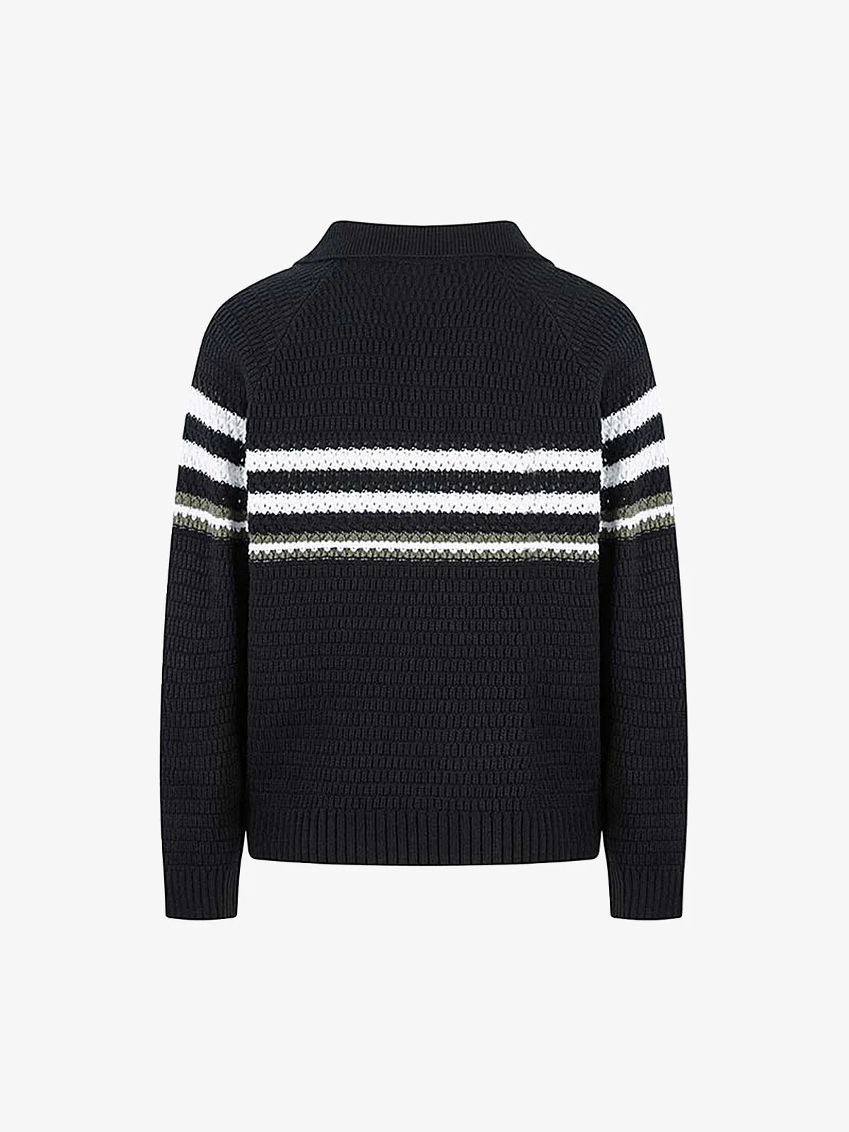 Retro Knitted Lapel V-Neck Contrast Striped Sweater