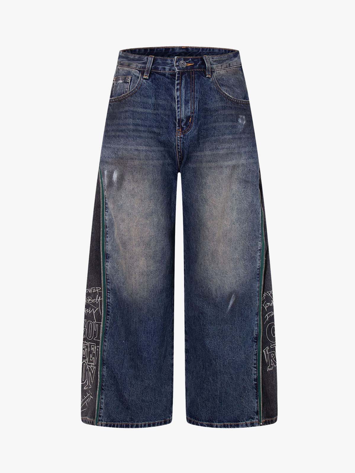 Side Zipper Spliced Distressed Wide-Leg Jeans