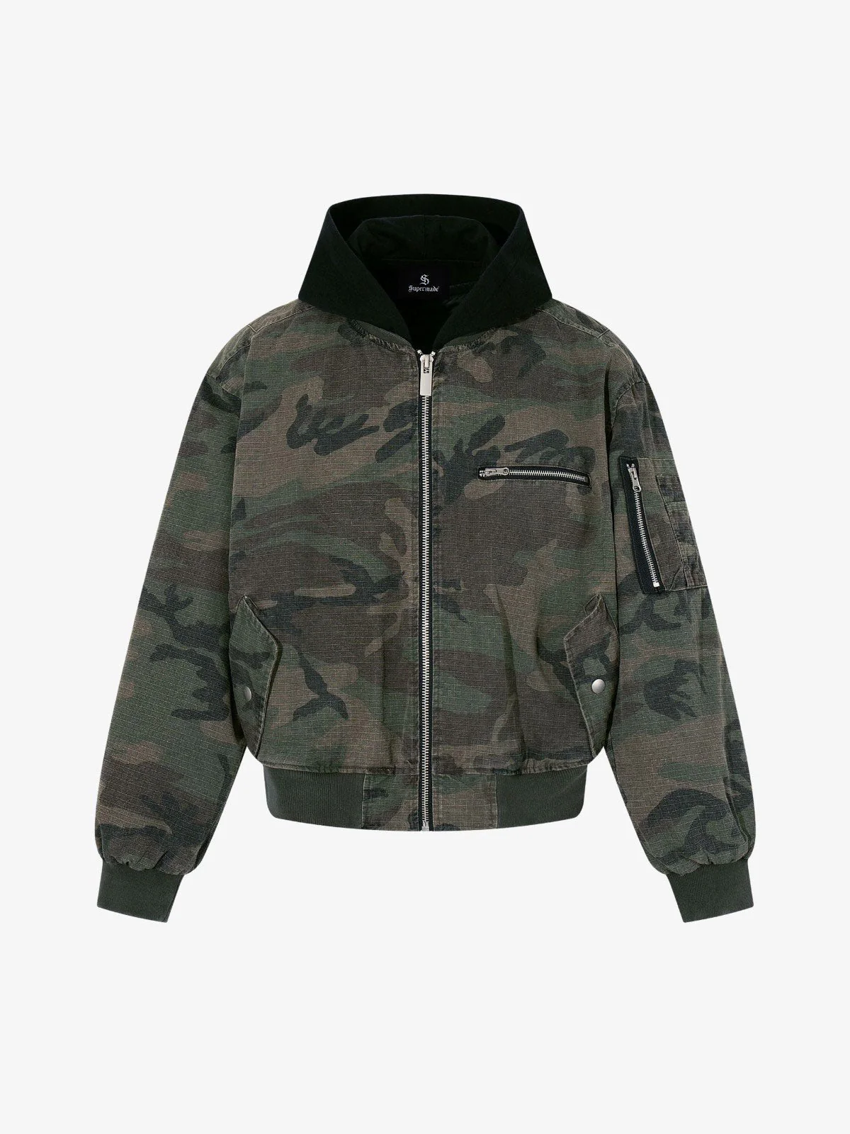 Retro Camouflage Faux Two-Piece Bomber Jacket