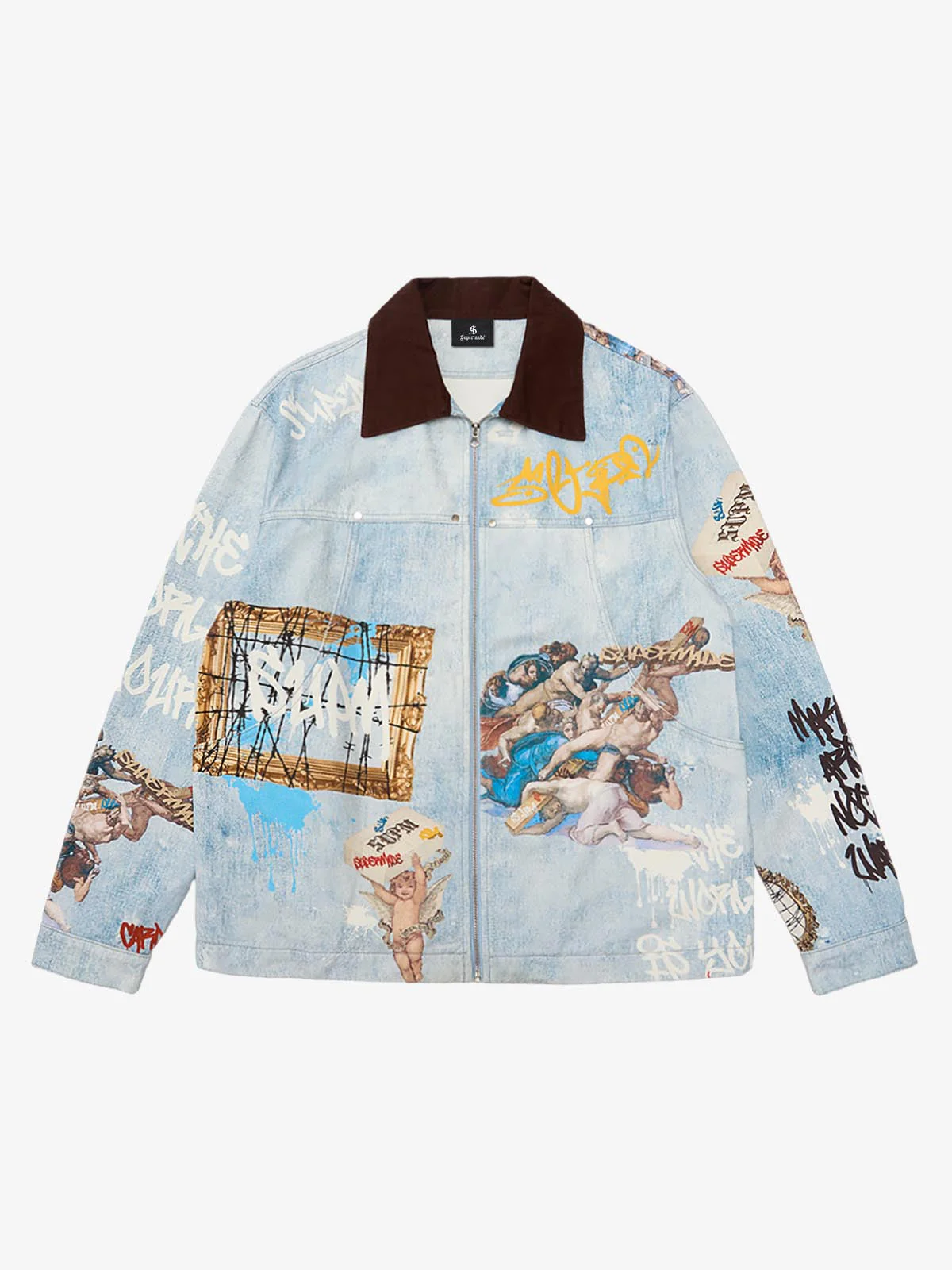 Artistic Patches Graphic  Distressed Denim Jacket