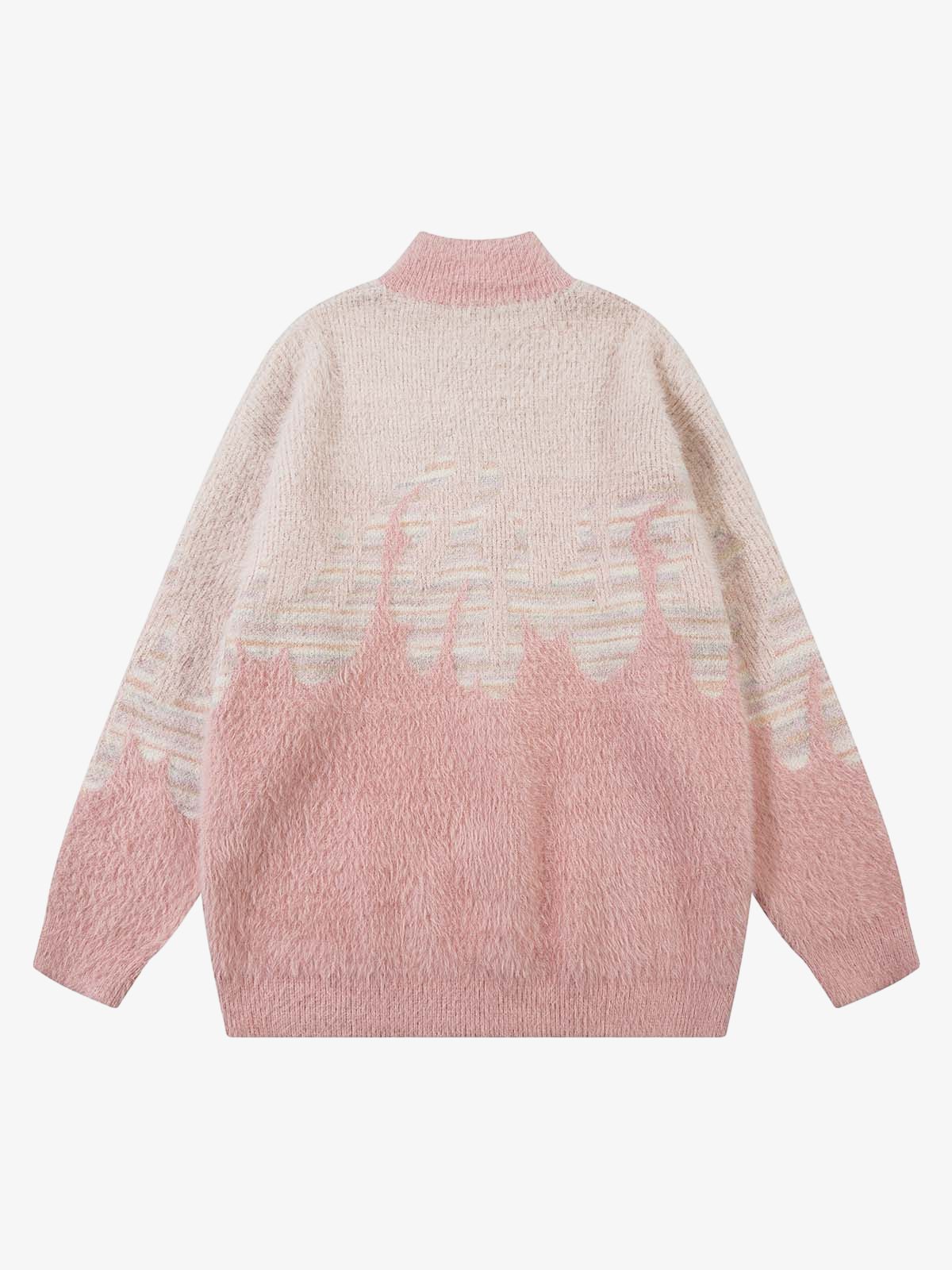 Flame Embroidery Fuzzy Zipper Sweater
