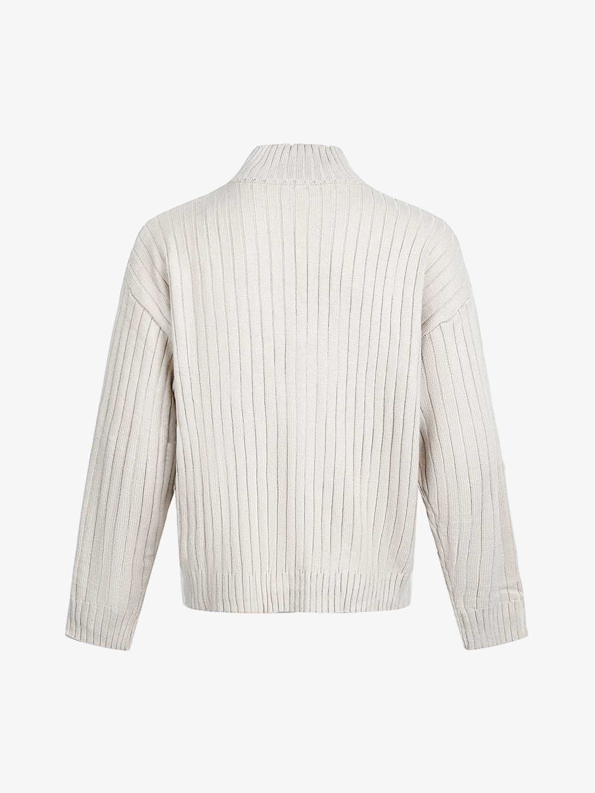 Retro Abstract Print Ribbed Stand Collar Zip-Up Sweater