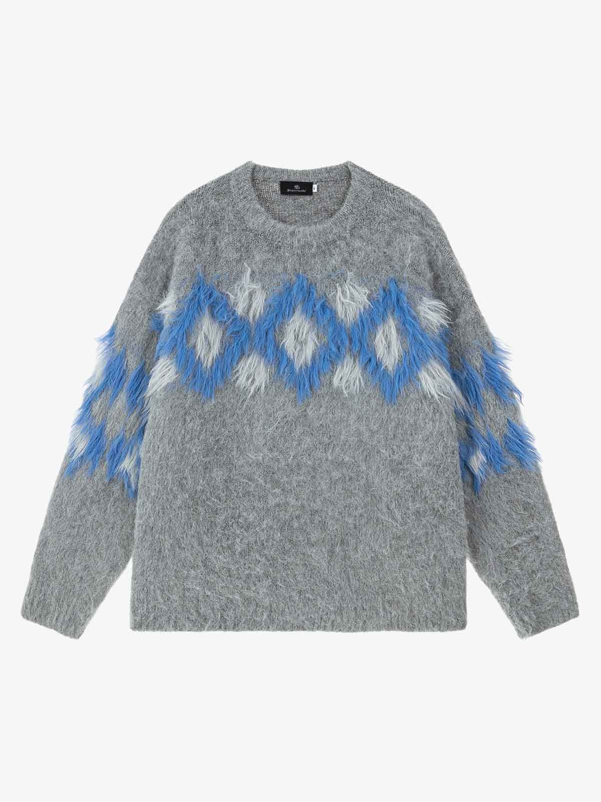 Retro Fuzzy Argyle Jacquard Knit Sweater