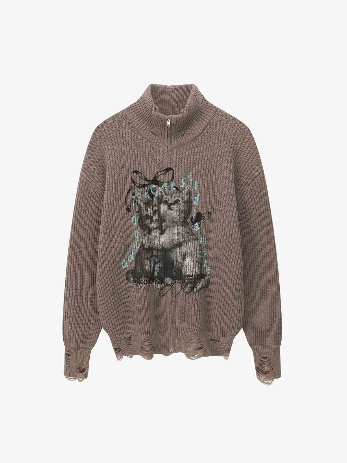 Retro Distressed Cat Print Ribbed Zip-Up High-Neck Sweater