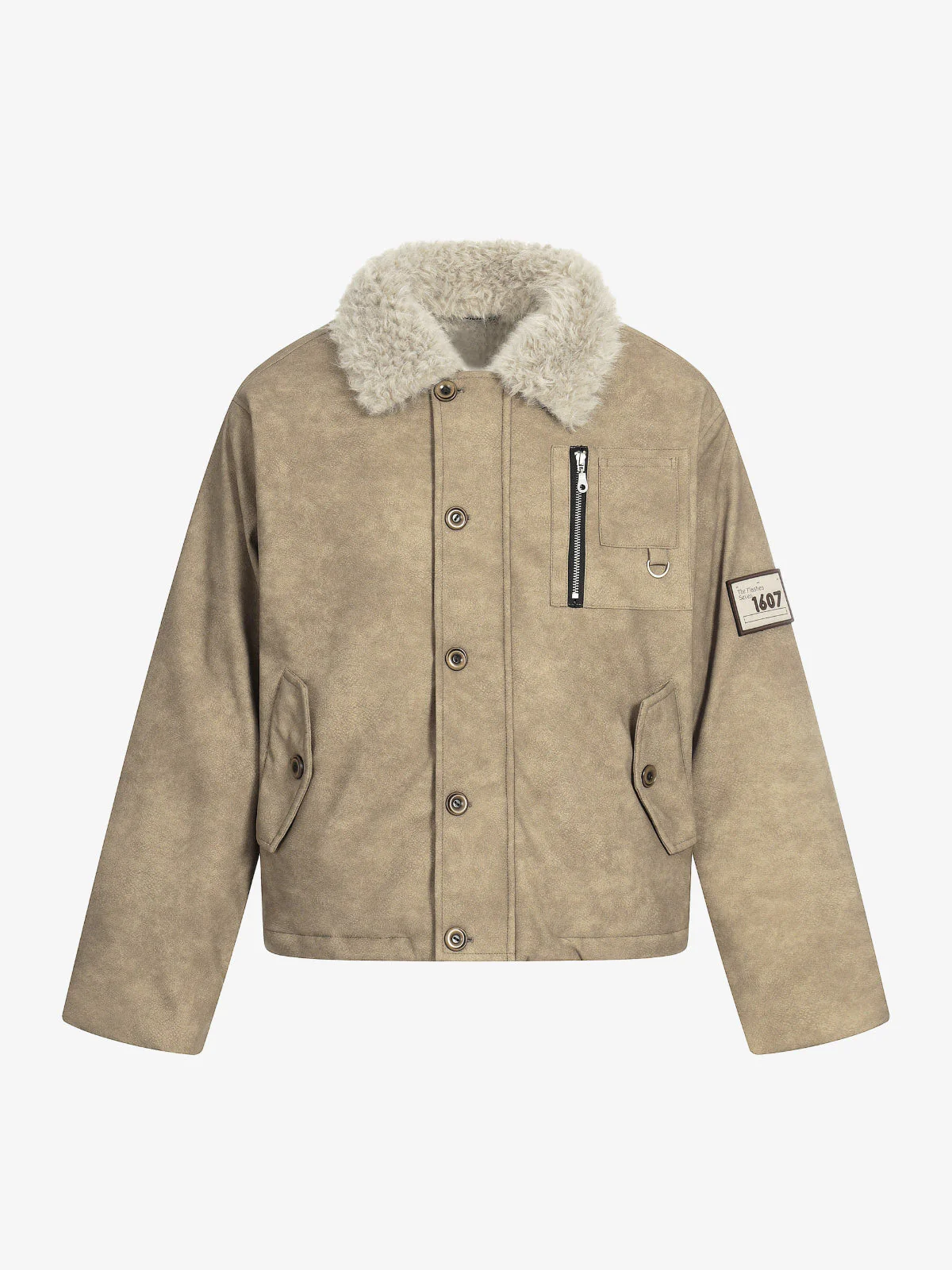 Vintage Fur Collar PU Leather Badge Embroidery Work Jacket