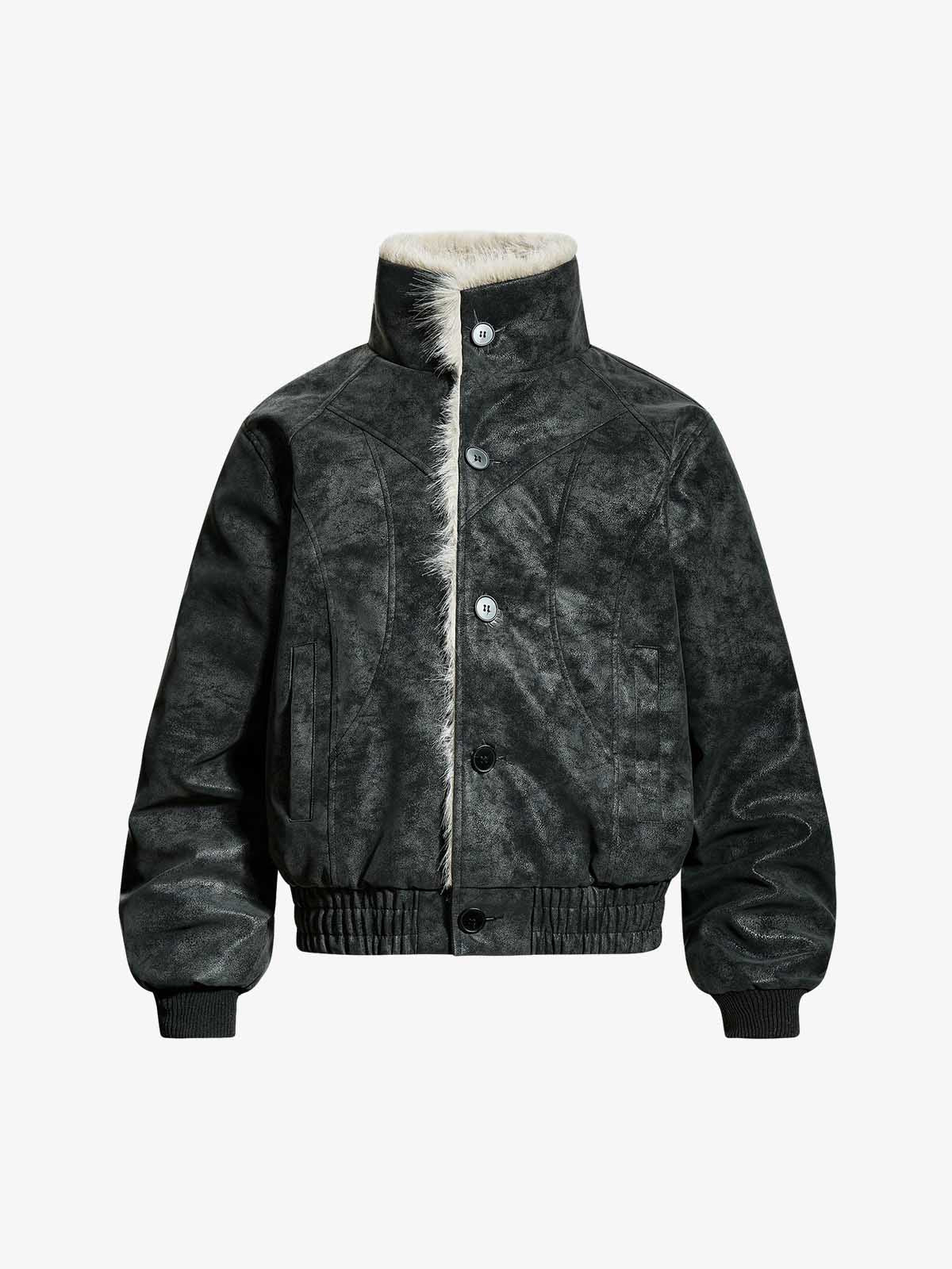 Retro Faux Suede Fur Lined Button-Up Bomber Jacket