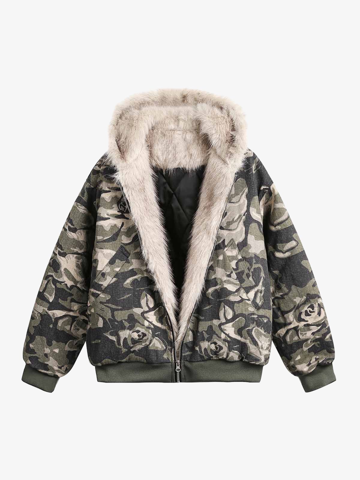 Camouflage Fur Hooded Jacket - 2353