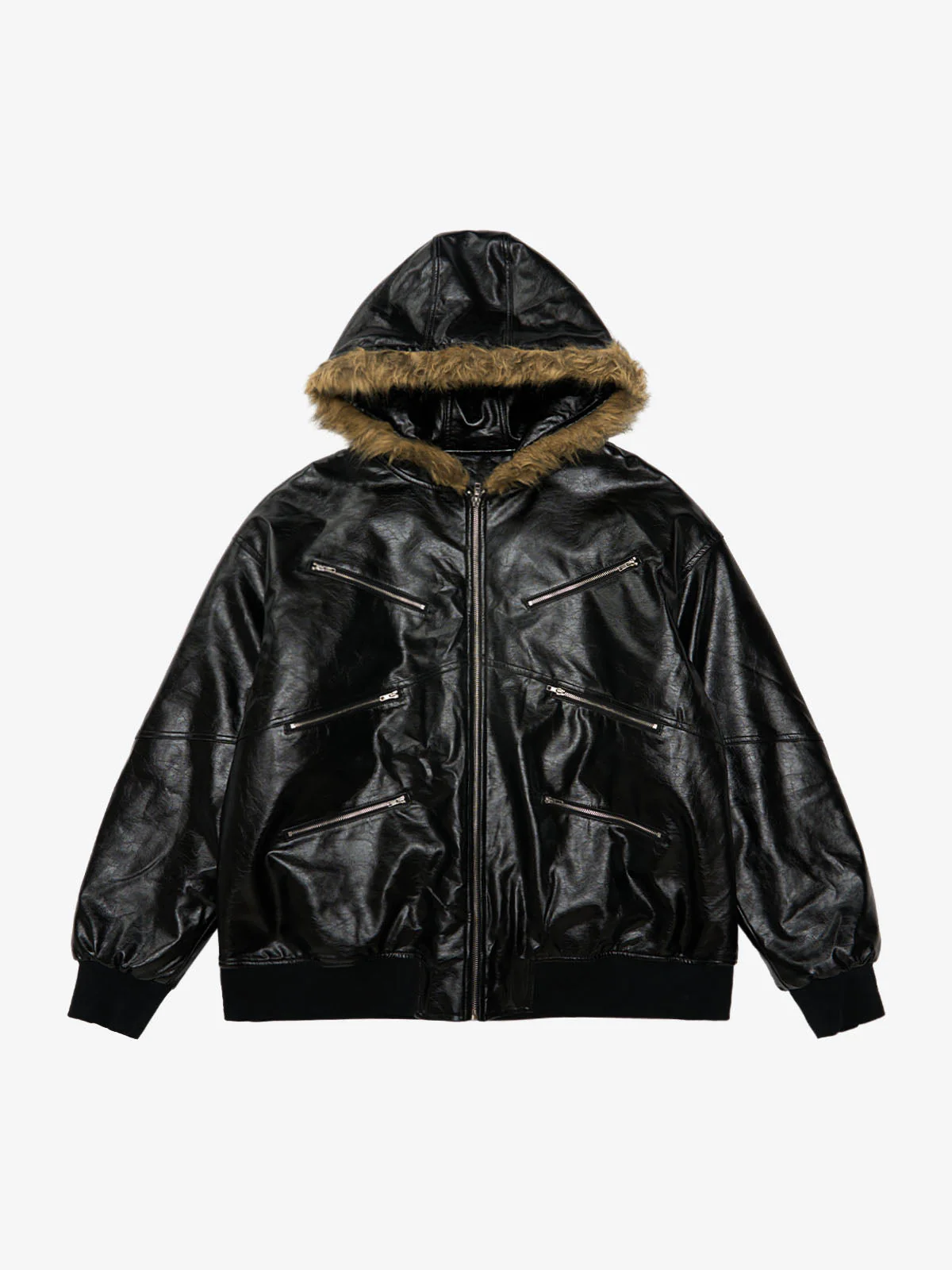 Multi-Zip Fur Hooded Leather Jacket