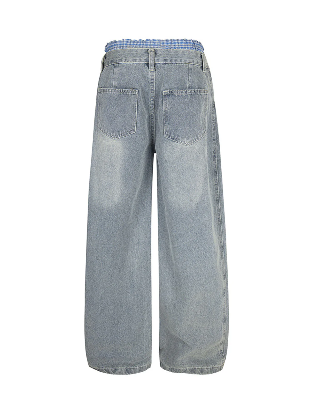 Plaid Double Waist Baggy Jeans - 2505