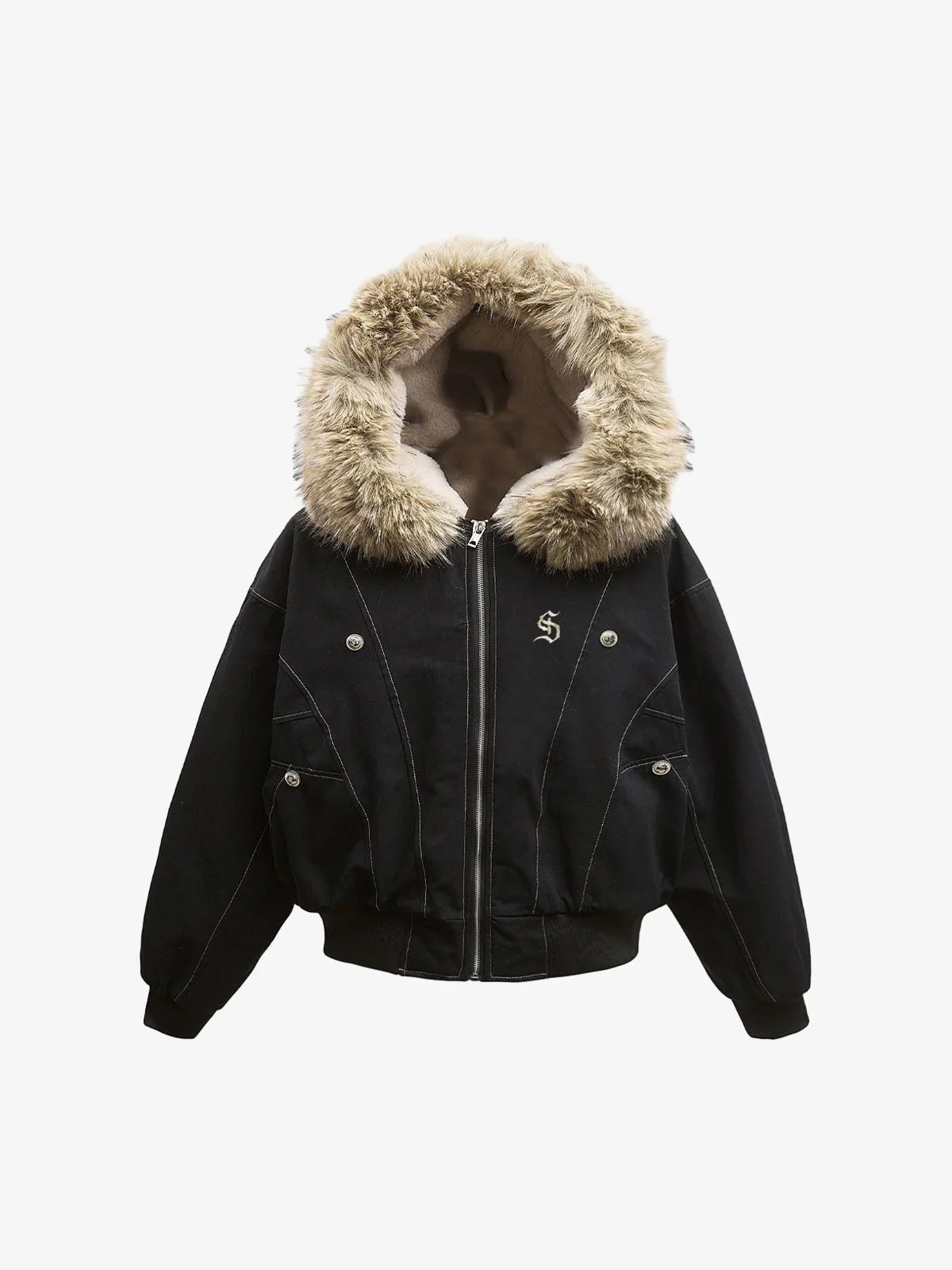 Faux Fur Lined Zip Up Hooded Bomber Jacket
