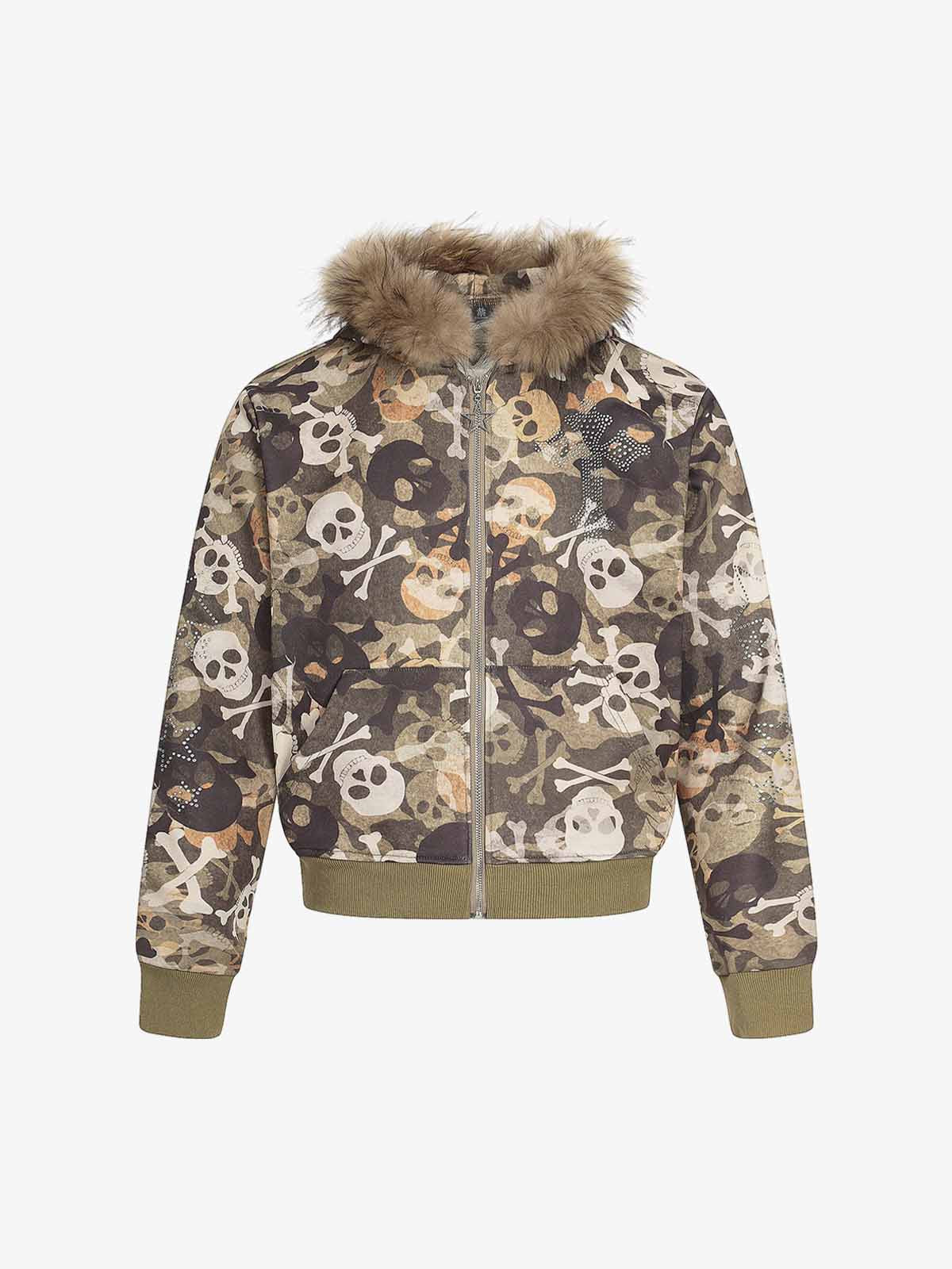 Skull Camouflage Fur Collar Hot Diamond Hooded Jacket - 2507