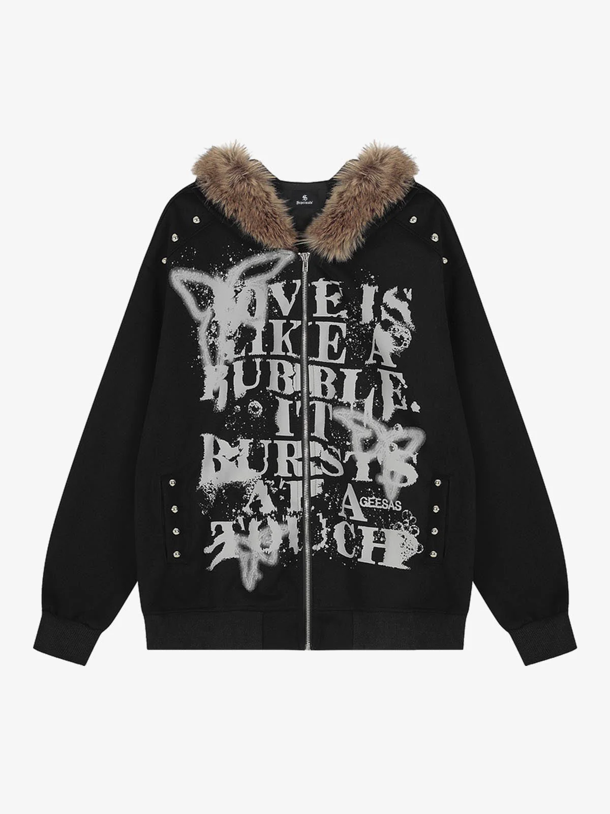 Street Punk Letter Print Fur Collar Hooded Sweatshirt
