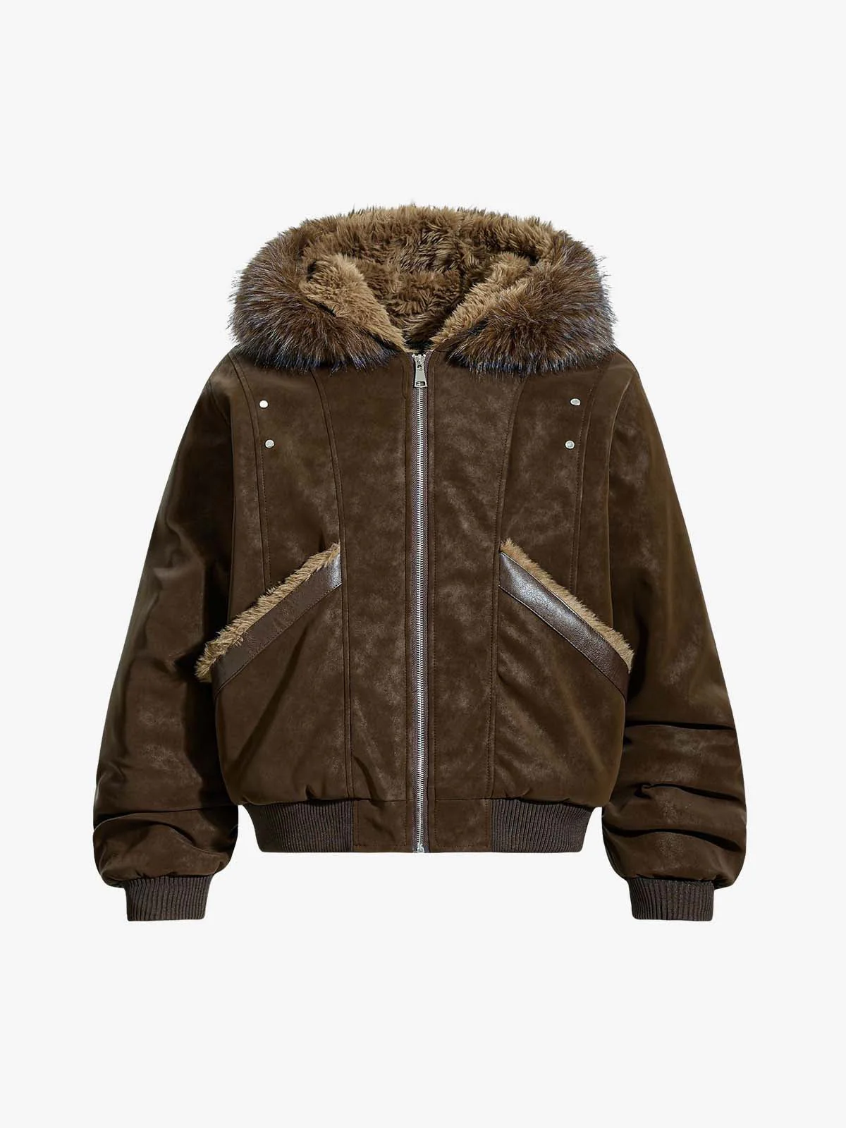 Retro Detachable Faux Fur Collar Suede Fleece Hoodie Jacket