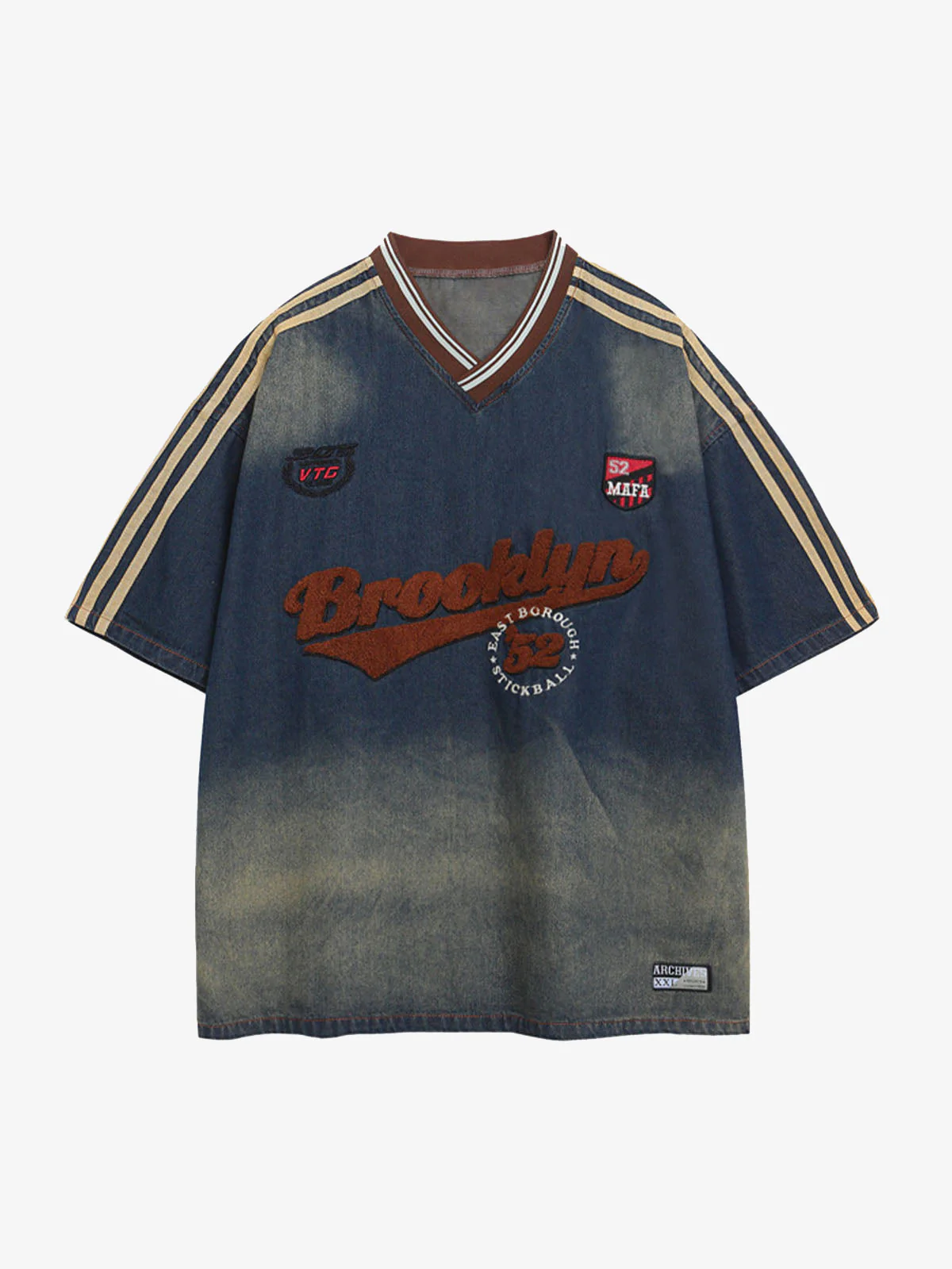 Denim Vintage Washed Distressed Gradient Embroidery T-Shirt