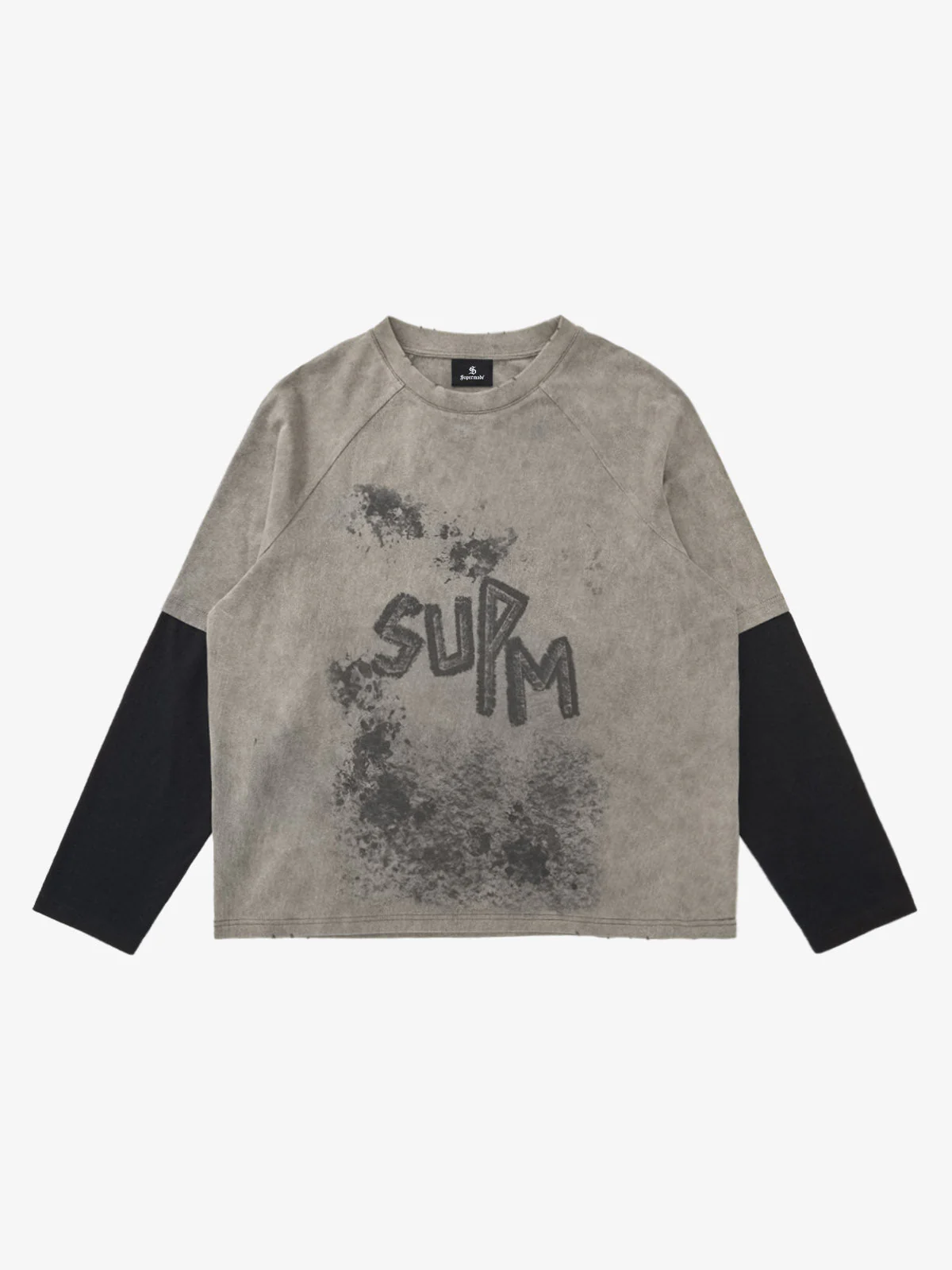 Washed Contrast Color Print Long Sleeve Cotton T-shirt