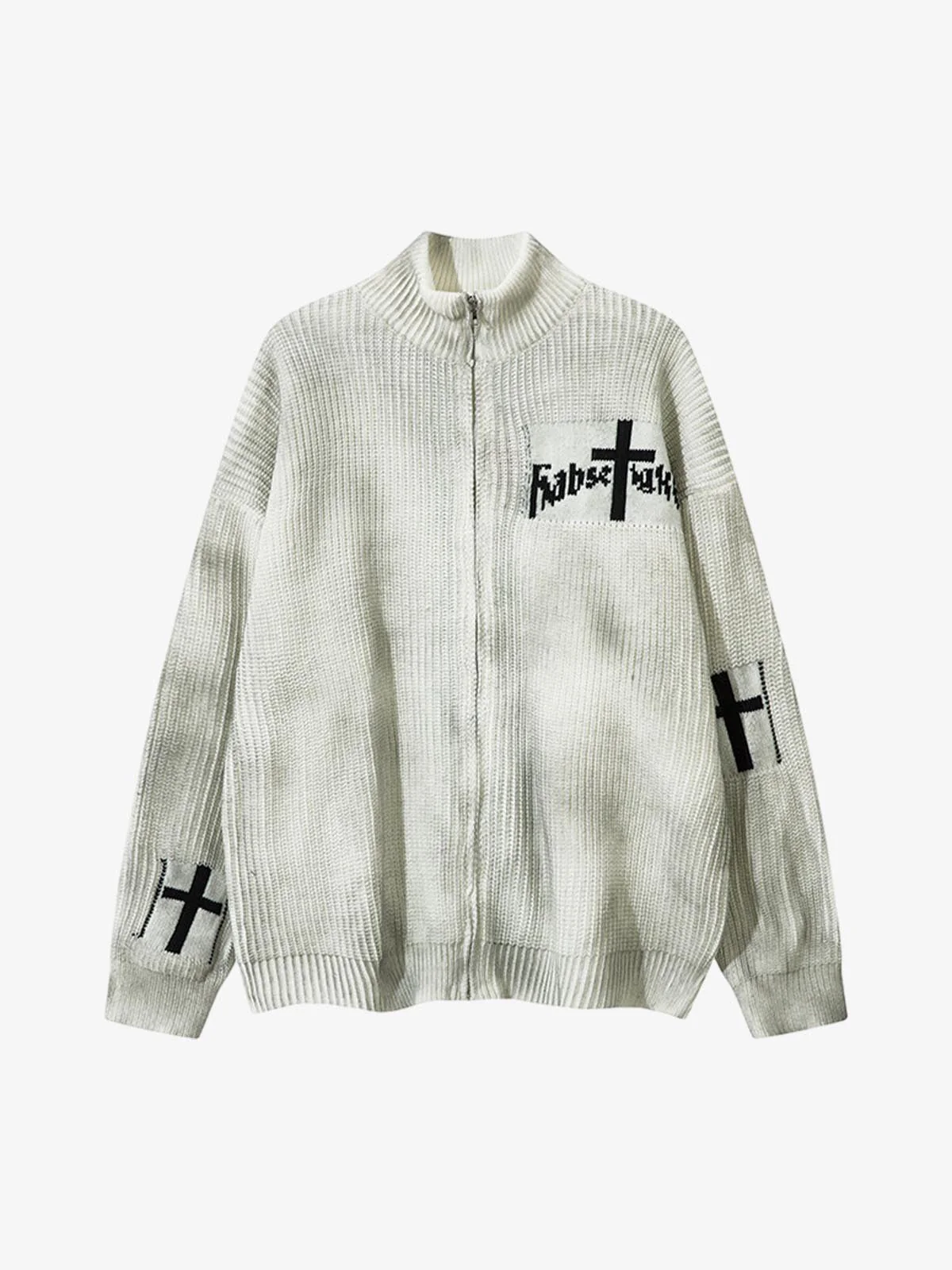 Ribbed Knit Dirty Dyed Embroidery Cross Sweater - 2465