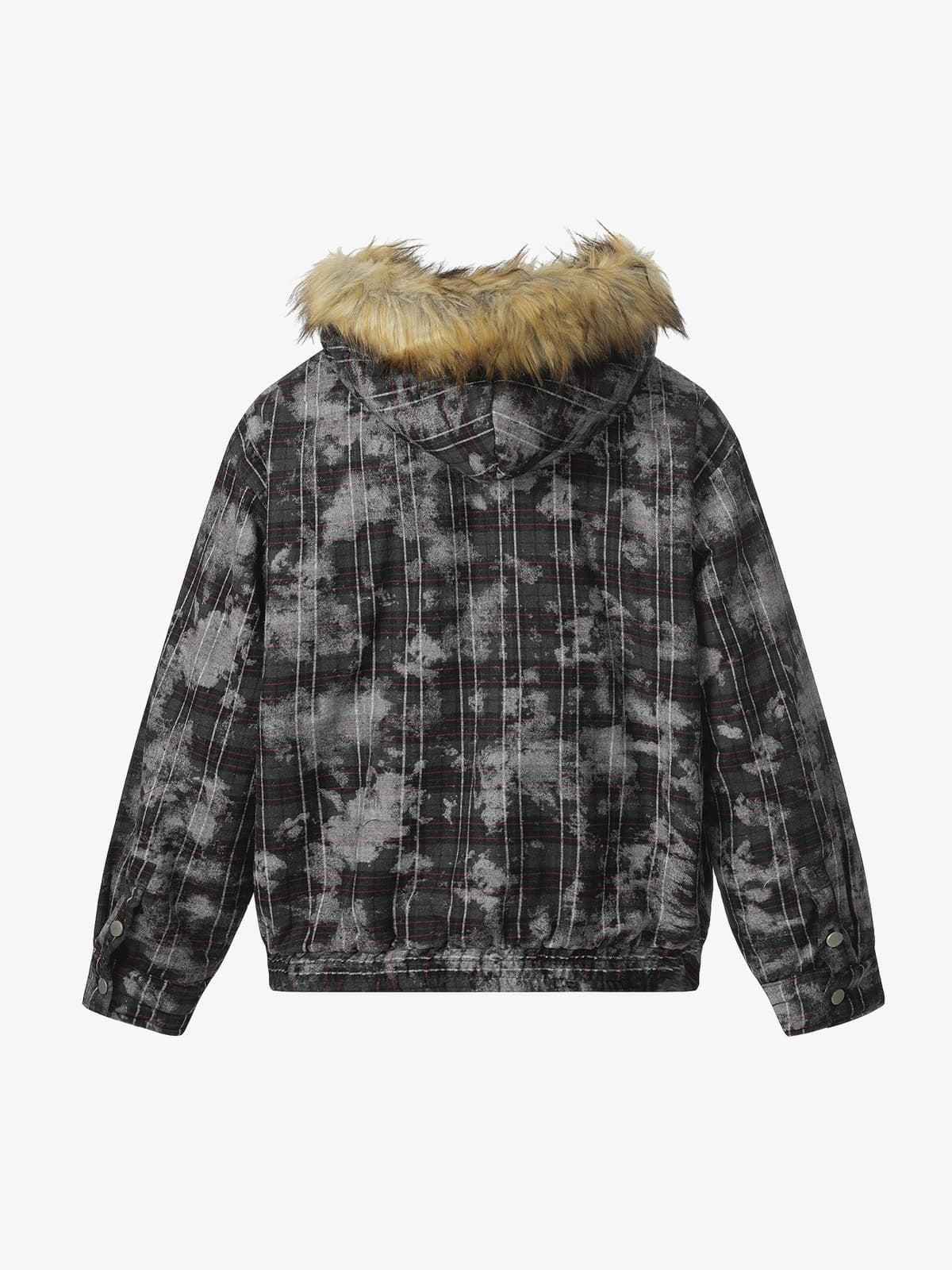 Retro Distressed Plaid Faux Fur Collar Padded Jacket