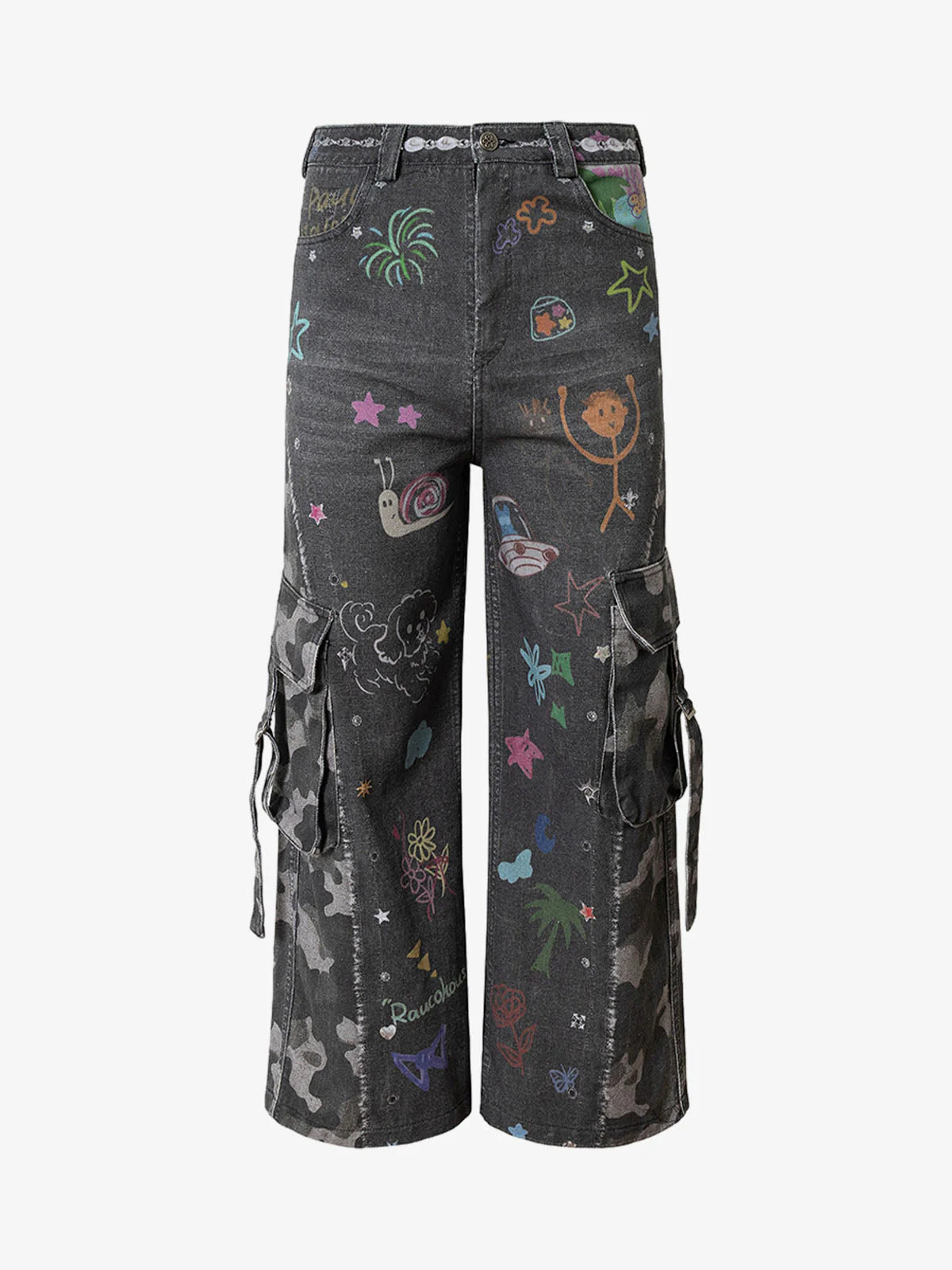 Graffiti Print Cold Transfer Camouflage Layered Cargo Jeans