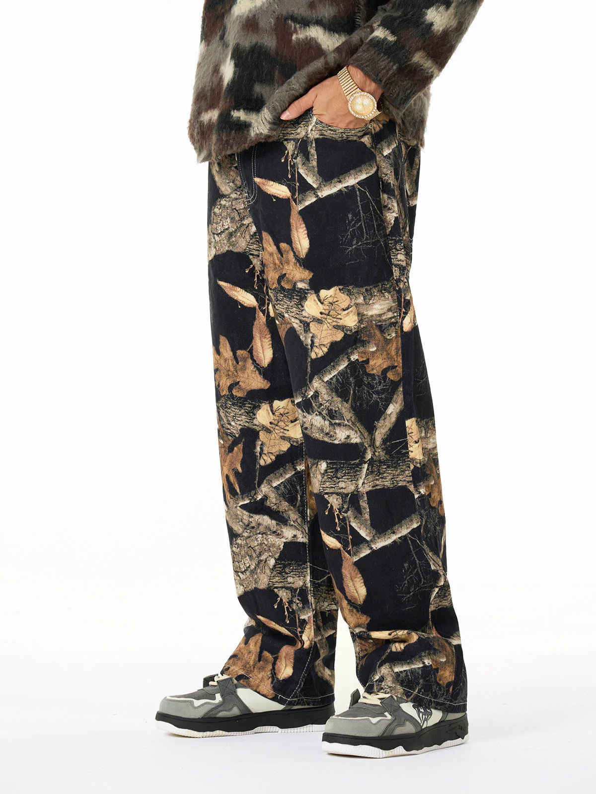 Vintage Washed Distressed Leaf Camouflage Jeans