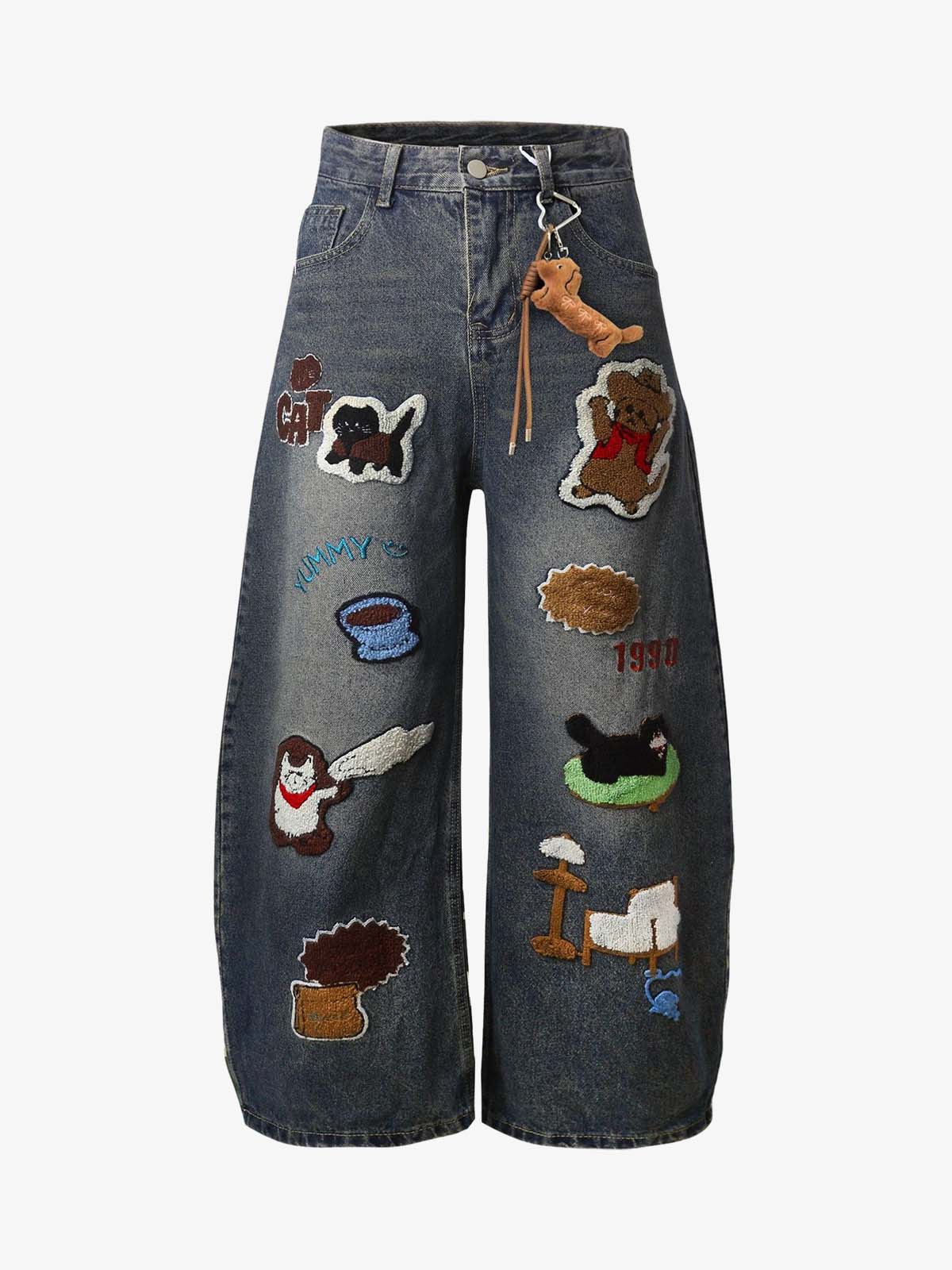 Retro Cartoon Graphic Heavy Embroidery Barrel Jeans
