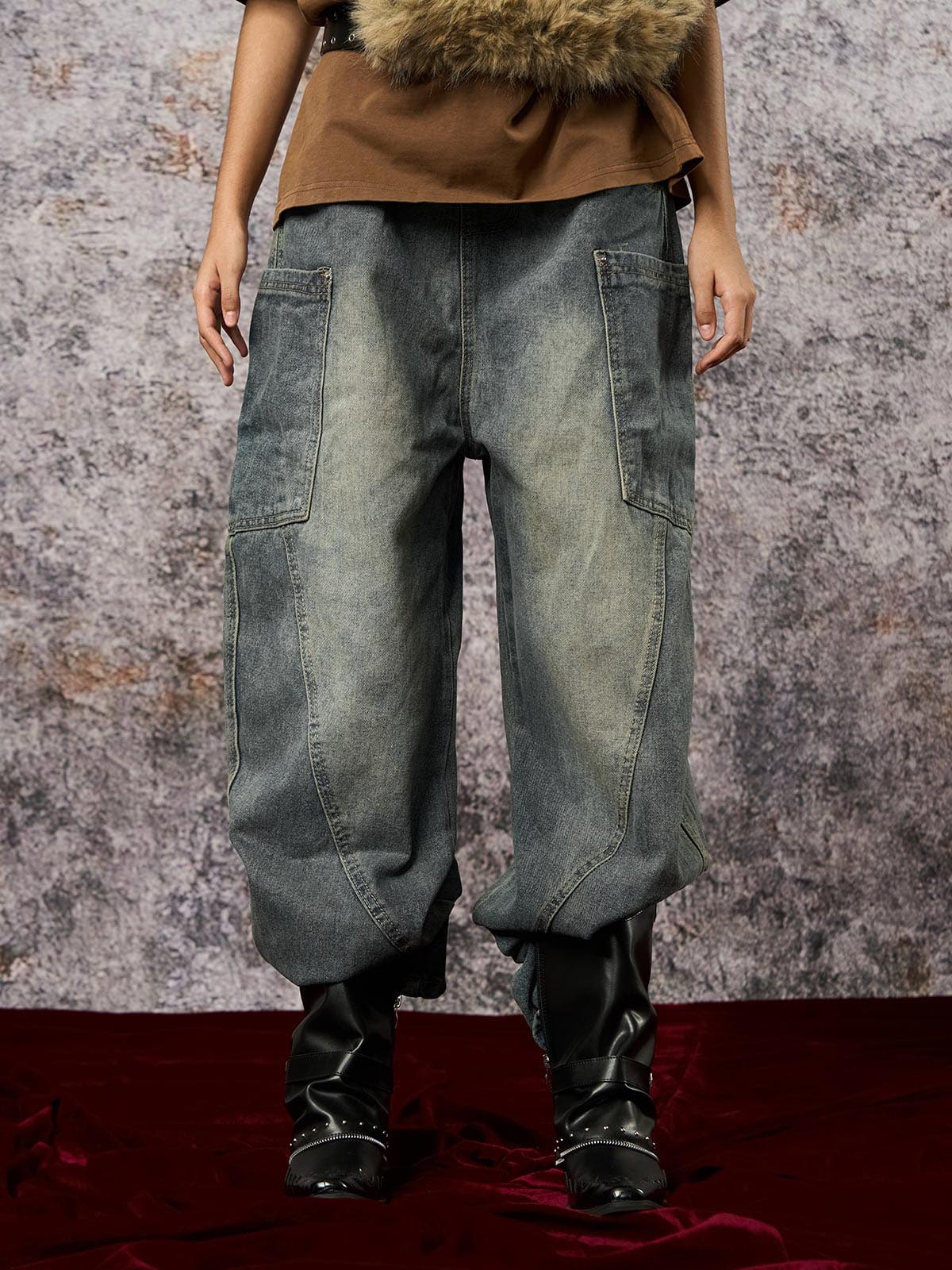 Washed Distressed Split Drawstring Barrel Jeans