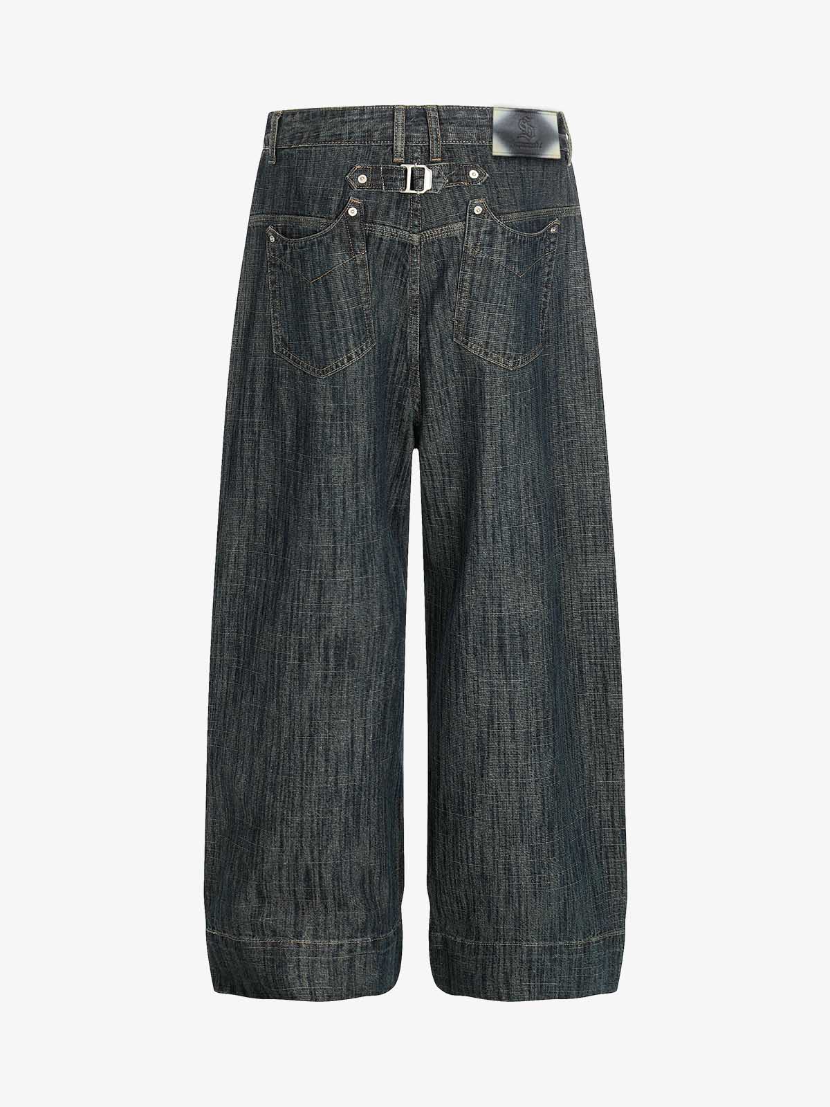 Street Metal Buckle Textured Straight Jeans