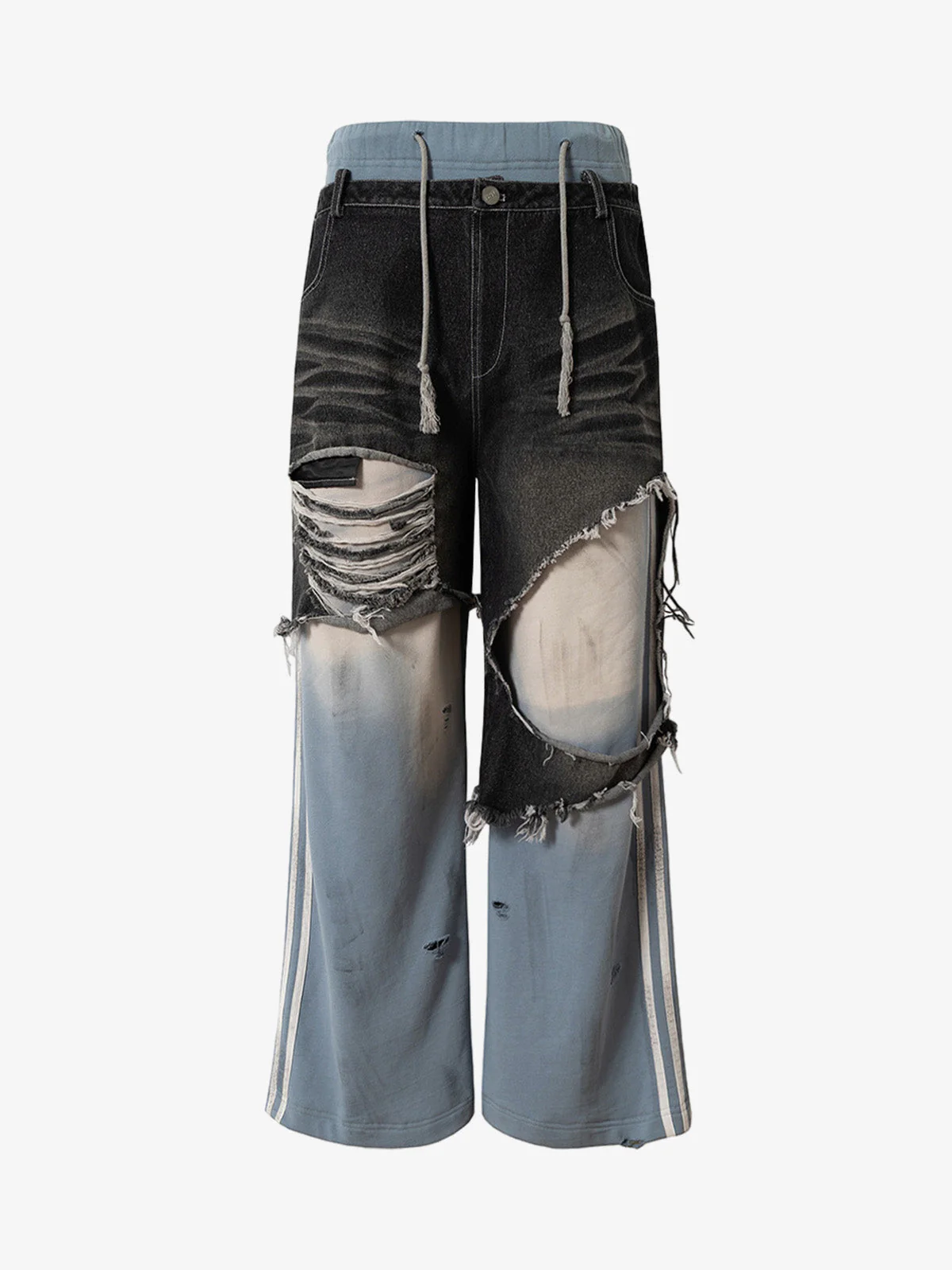 Double-Waistband Denim Patchwork Ripped Casual Pants