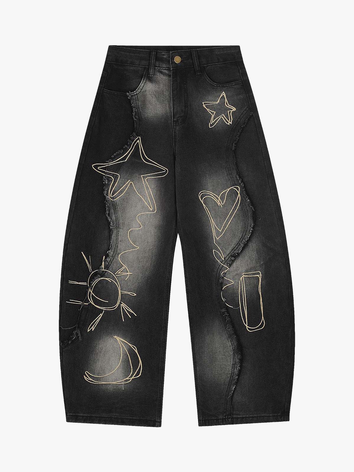 Vintage Embroidered Washed Raw-Edge Graffiti Scimitar Jeans